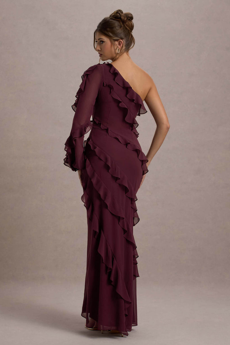 Lola | Burgundy Asymmetric-Neck Maxi Dress With Ruched Detailing And Front High-Split
