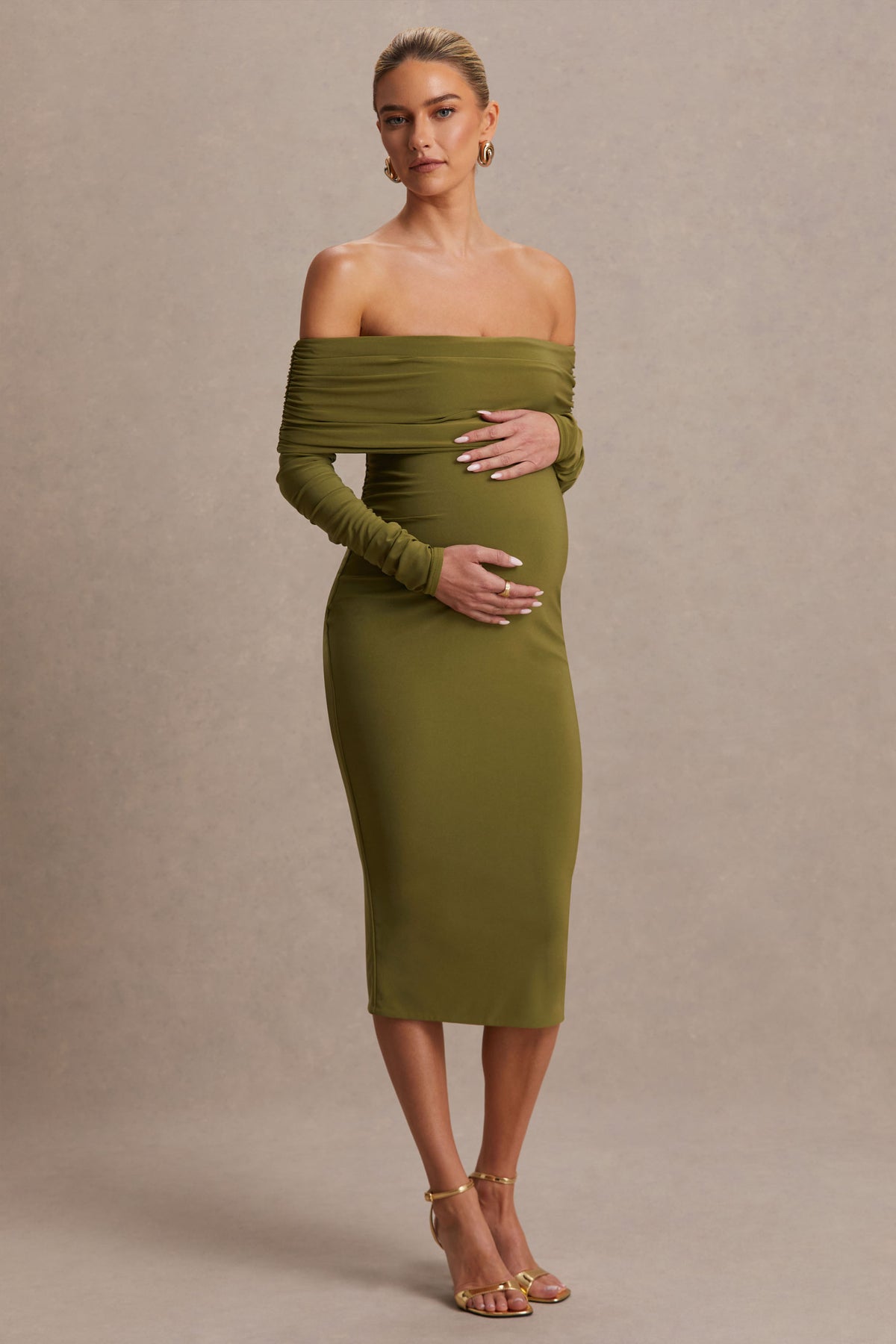 Elspeth | Olive Bardot-Neck Maternity Midi Dress - UK 16 Olive Elspeth | Olive Bardot-Neck Maternity Midi Dress - UK 16 Olive