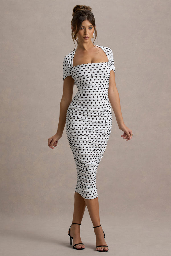 POLKA DOT CLUB チェック柄ドレス Violet White Polka Dot Linen Midi Dress With Halter-Neck and