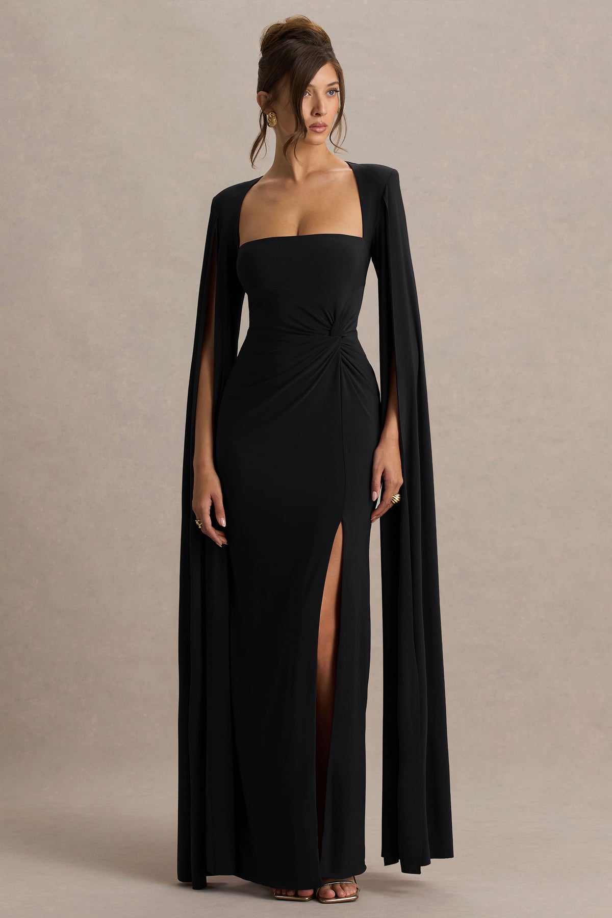 Claretta | Black Square Neck Twisted Maxi Dress With Cape Sleeves - UK 14 Black Claretta | Black Square Neck Twisted Maxi Dress With Cape Sleeves - UK 14 Black