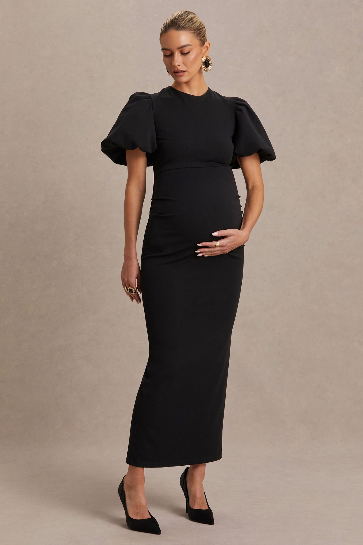 Luna | Black Crew-Neck Maternity Midi Dress With Puff-Sleeves - UK 8 Black Luna | Black Crew-Neck Maternity Midi Dress With Puff-Sleeves - UK 8 Black