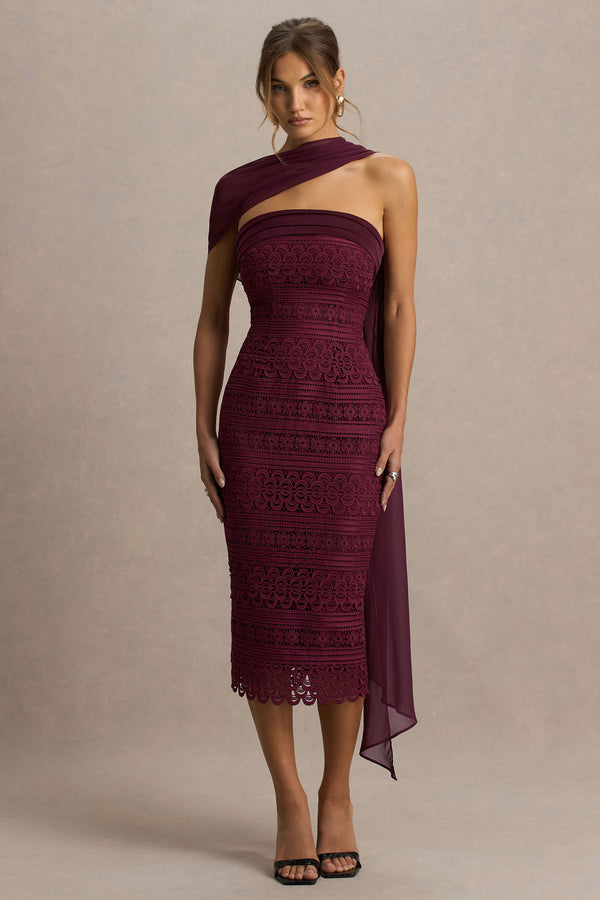 Secret Burgundy Bandeau Lace Midi Dress With Scarf Detail Club L London - USA Secret Burgundy Bandeau Lace Midi Dress With Scarf Detail Club L London - USA