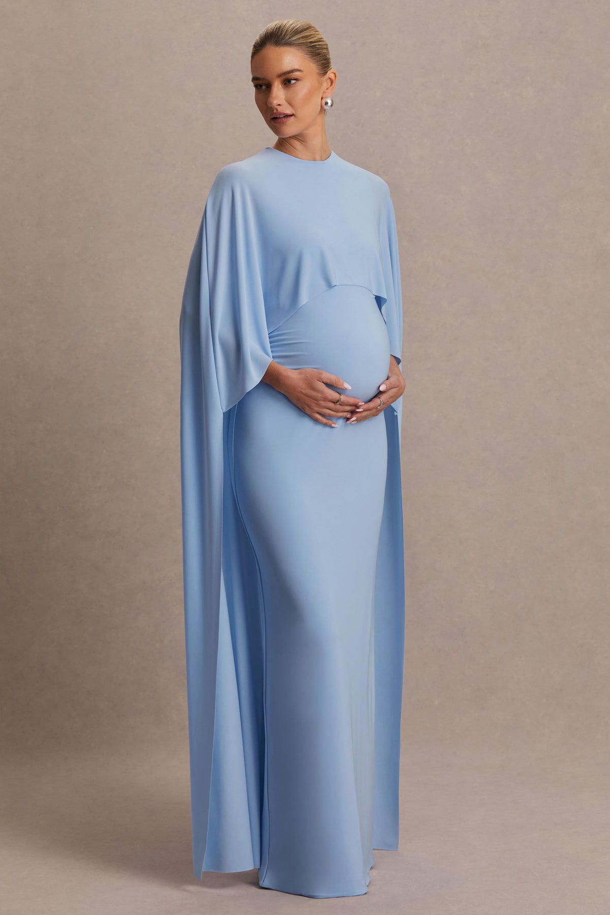 Padma | Powder Blue Draped Maternity Maxi Dress With Cape Sleeves - UK 8 Light Blue Padma | Powder Blue Draped Maternity Maxi Dress With Cape Sleeves - UK 8 Light Blue