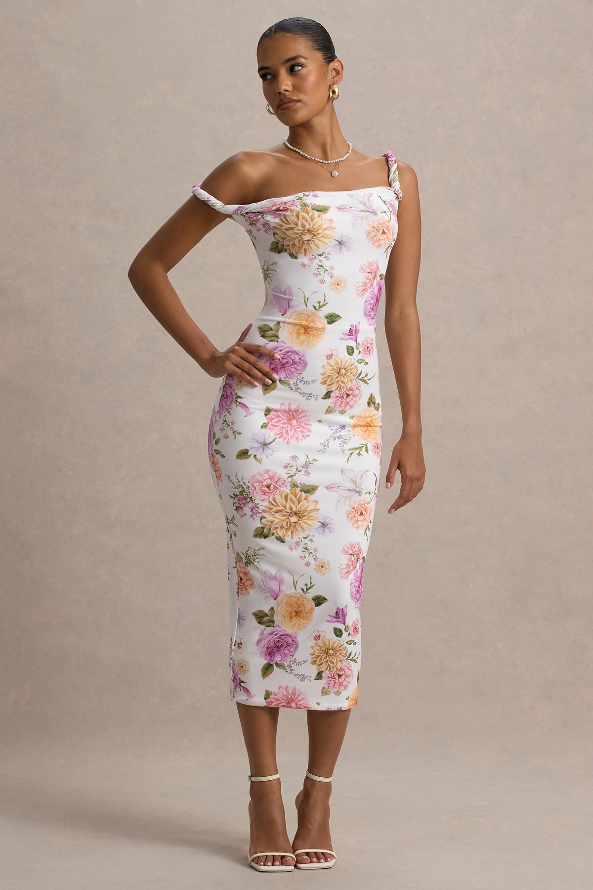 Nora | White Floral Twisted Asymmetric Midi Dress