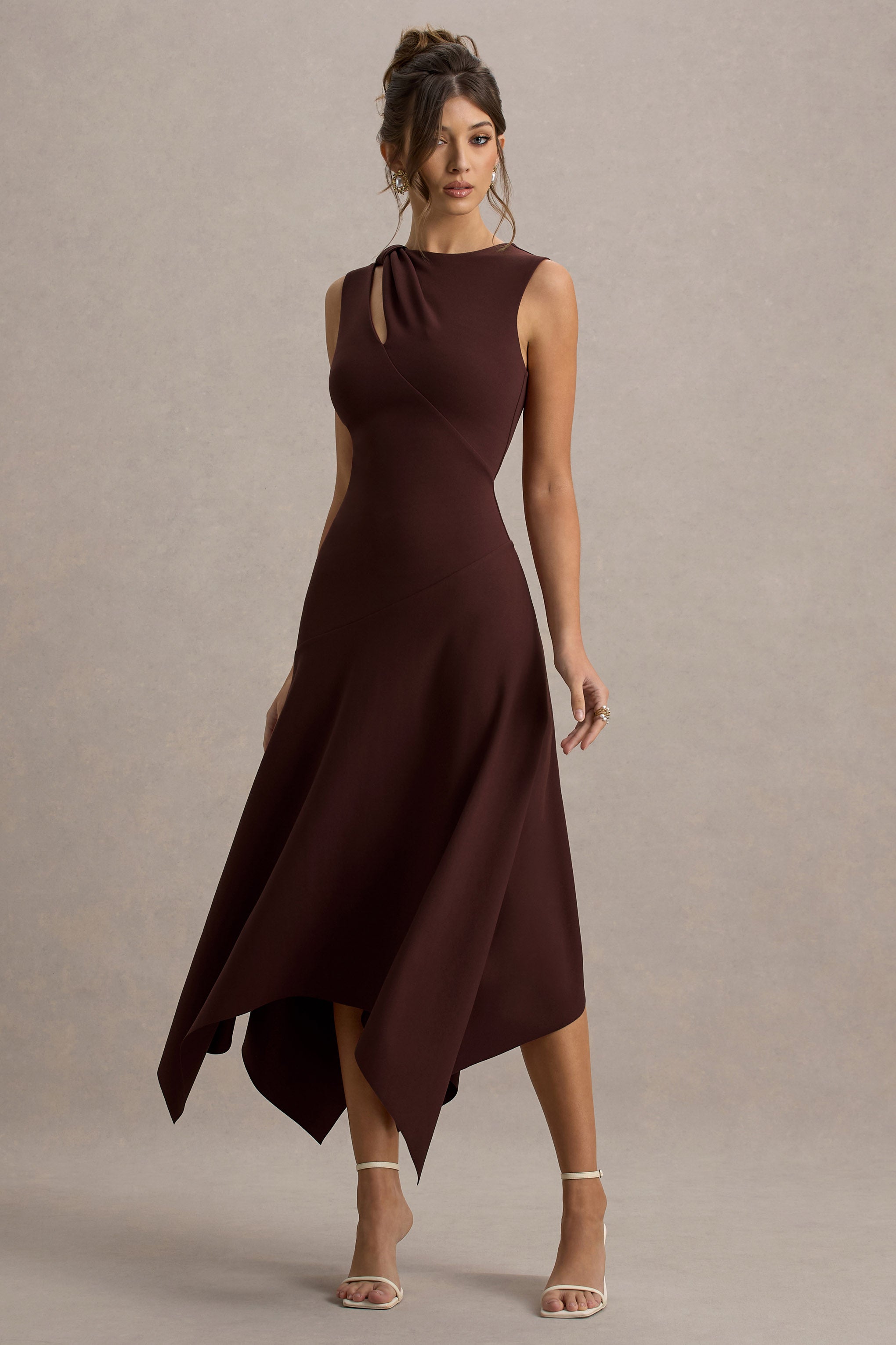 Francesca | Brown Knotted Midi Dress With Handkerchief Hem – Club