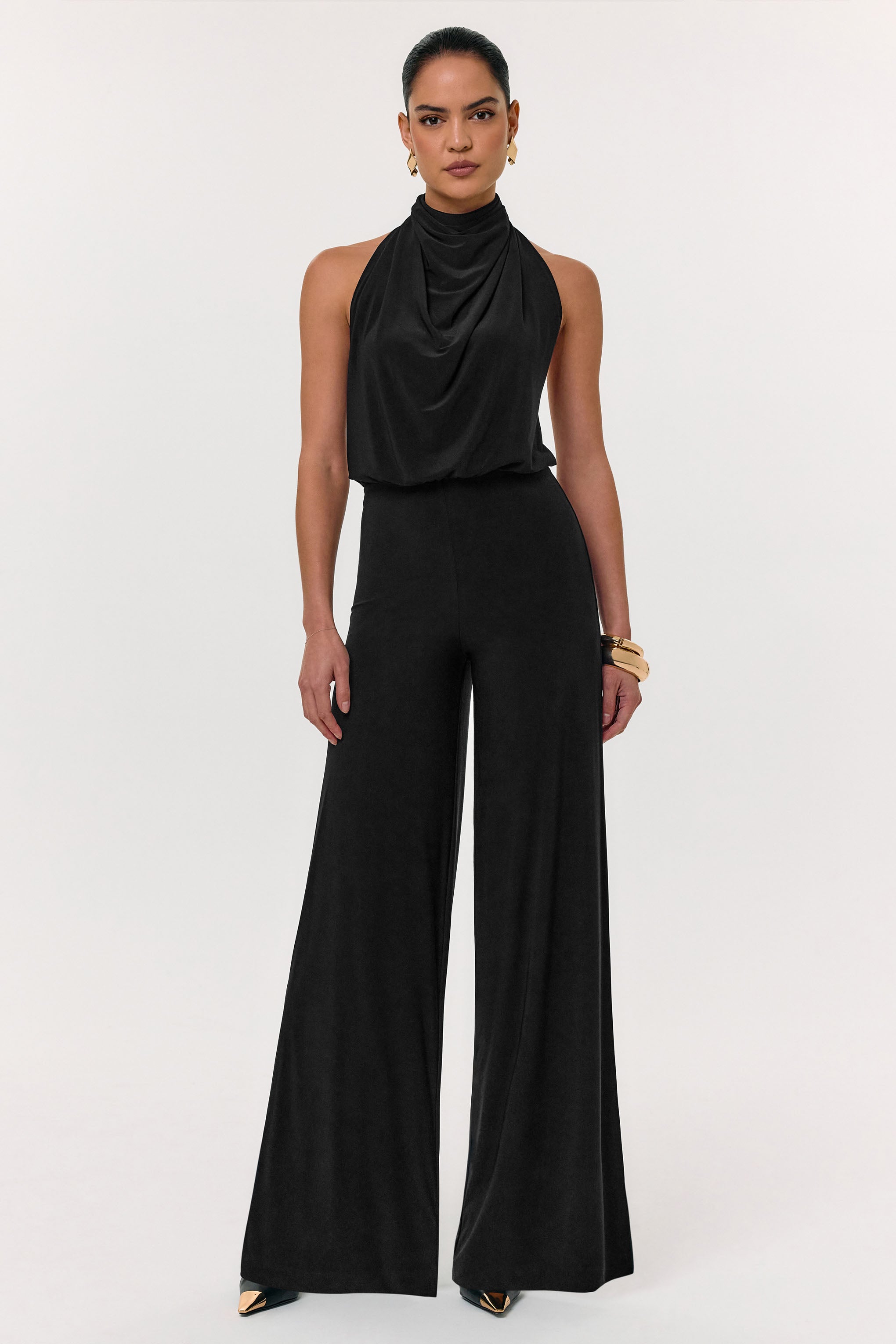 Asha | Black High-Neck Jumpsuit With Ruched Detail – Club L London