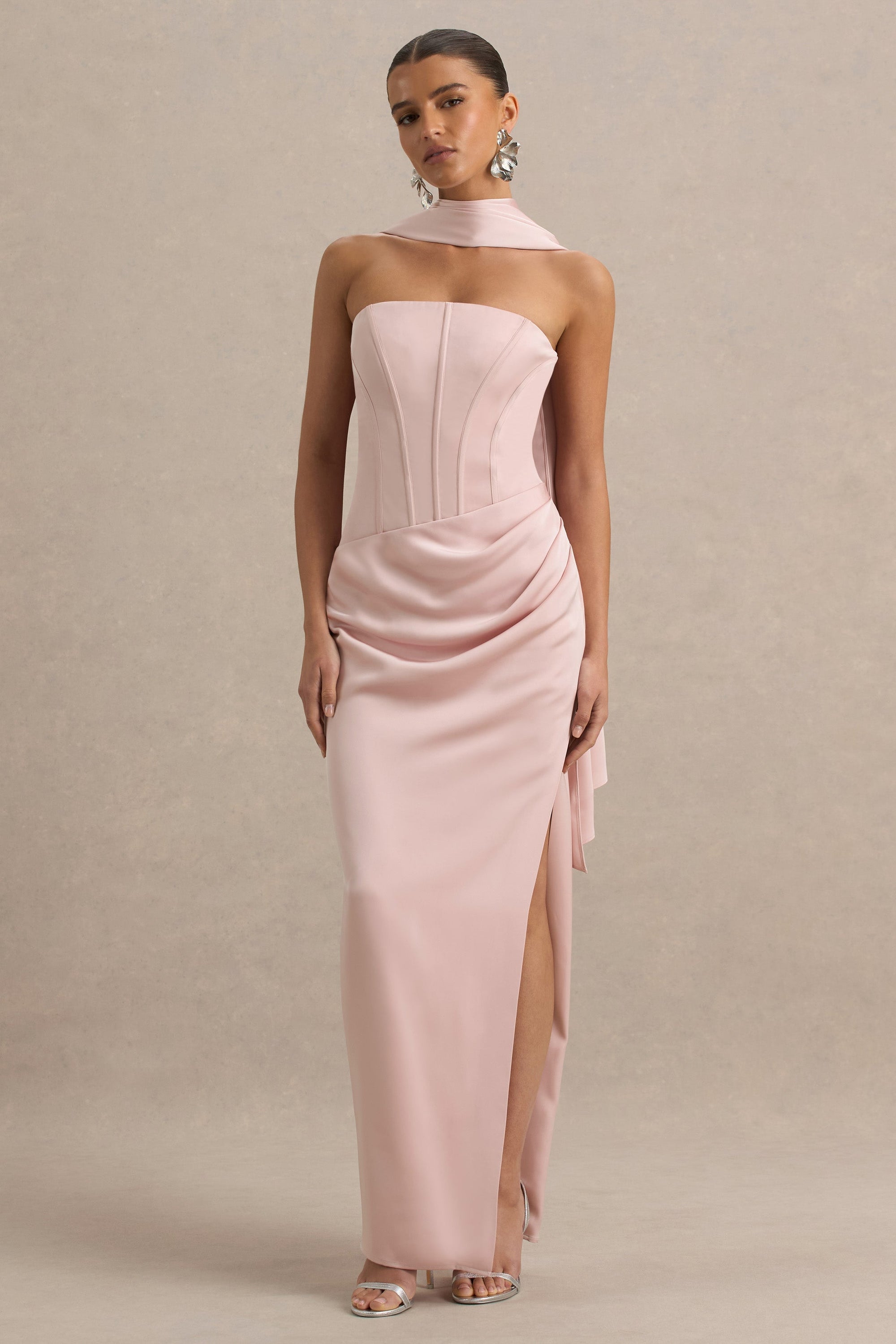 Joseline | Pale Pink Satin Corset Wrap Maxi Dress With Scarf – Club L London