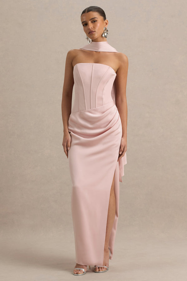 Joseline Pale Pink Satin Corset Wrap Maxi Dress With Scarf Club L London - USA Joseline Pale Pink Satin Corset Wrap Maxi Dress With Scarf Club L London - USA
