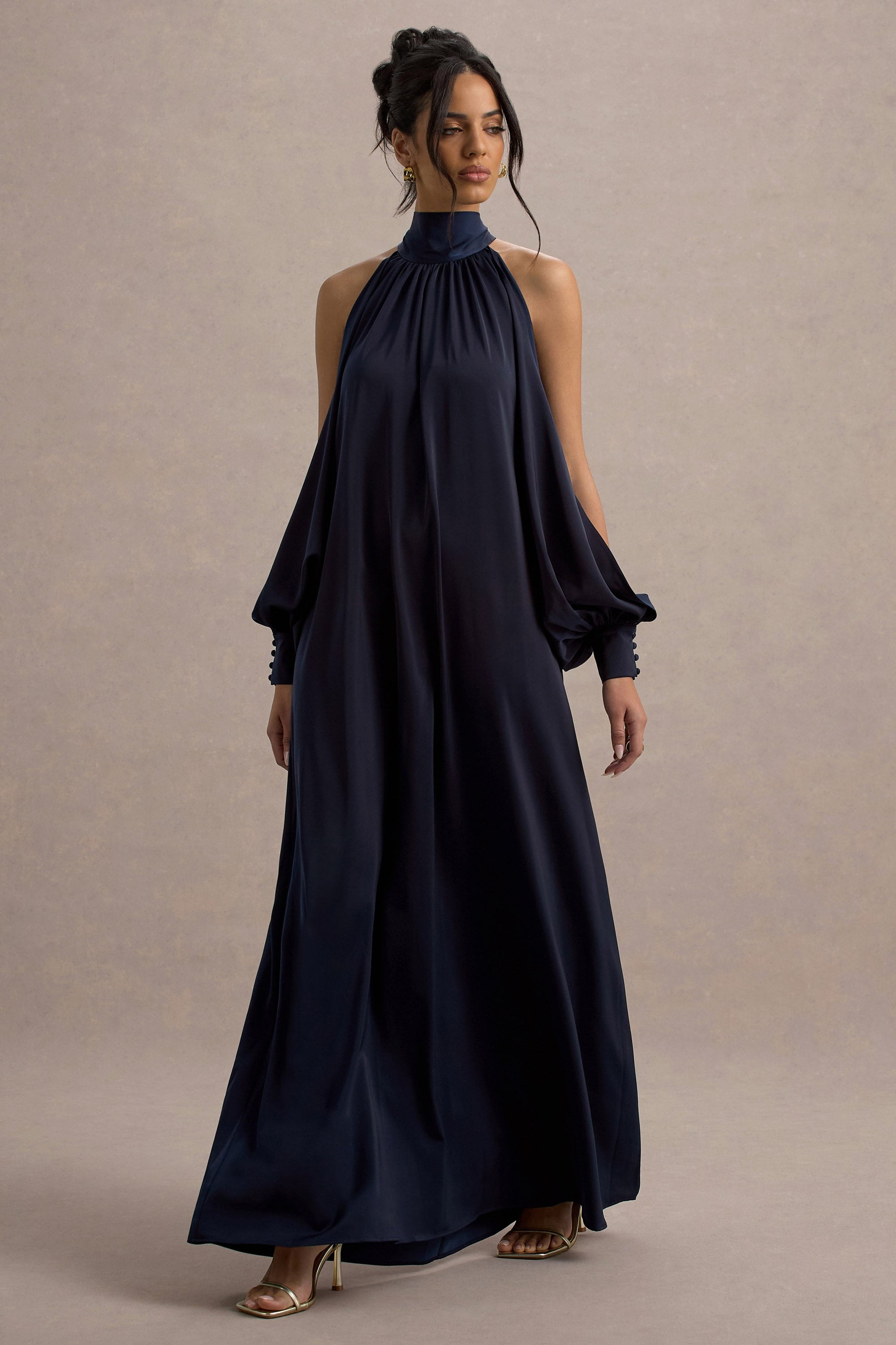 Baila | Navy Satin High-Neck Cape-Sleeve Maxi Dress – Club L London