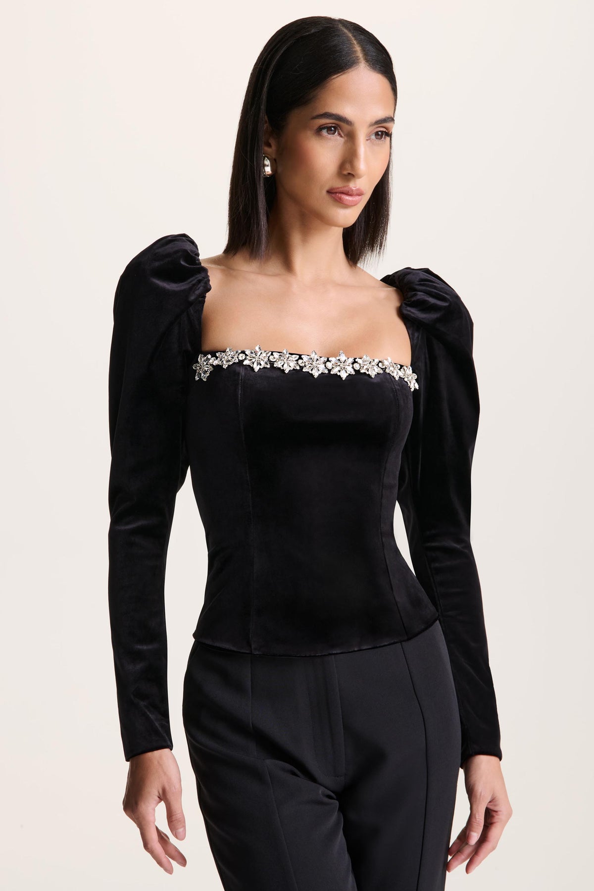 Tazmin Black Velvet Embellished Square-Neck Top – Club L London - USA