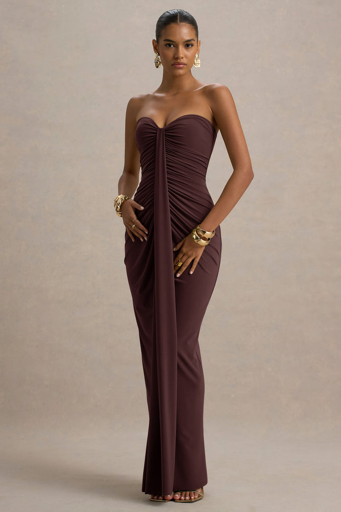Ali Warm Brown Sweetheart Ruched Wrap Maxi Dress – Club L London