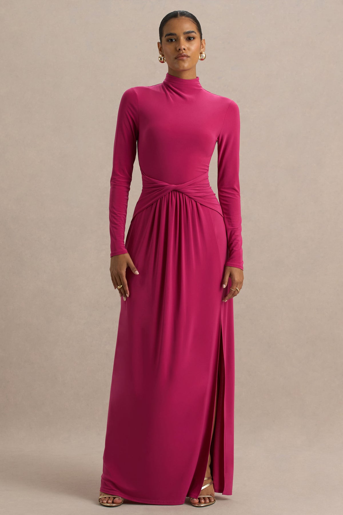 Hourglass Hot Pink Long-Sleeve Twisted Maxi Dress With Split Club L London - USA Hourglass Hot Pink Long-Sleeve Twisted Maxi Dress With Split Club L London - USA