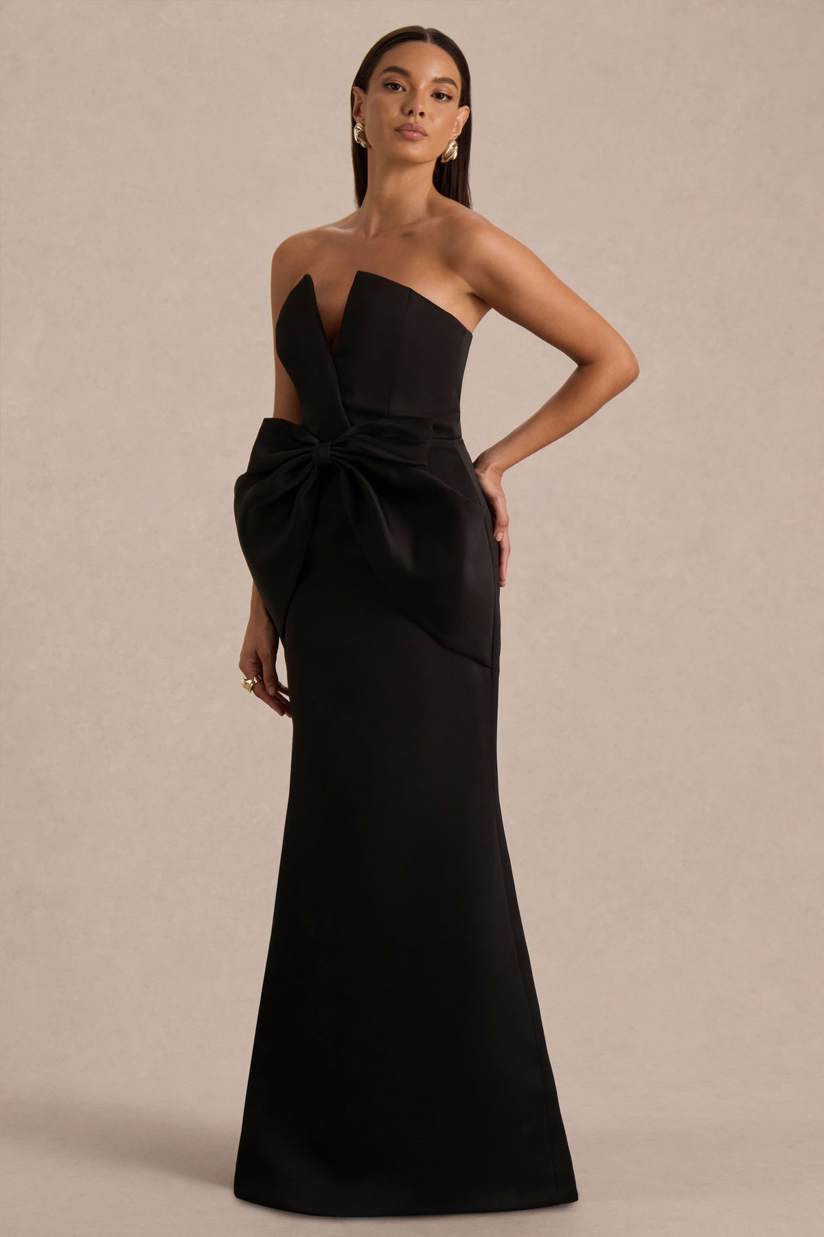 Sonata | Black Satin Bandeau Maxi Dress With Bow Detail - UK 6 Black Sonata | Black Satin Bandeau Maxi Dress With Bow Detail - UK 6 Black
