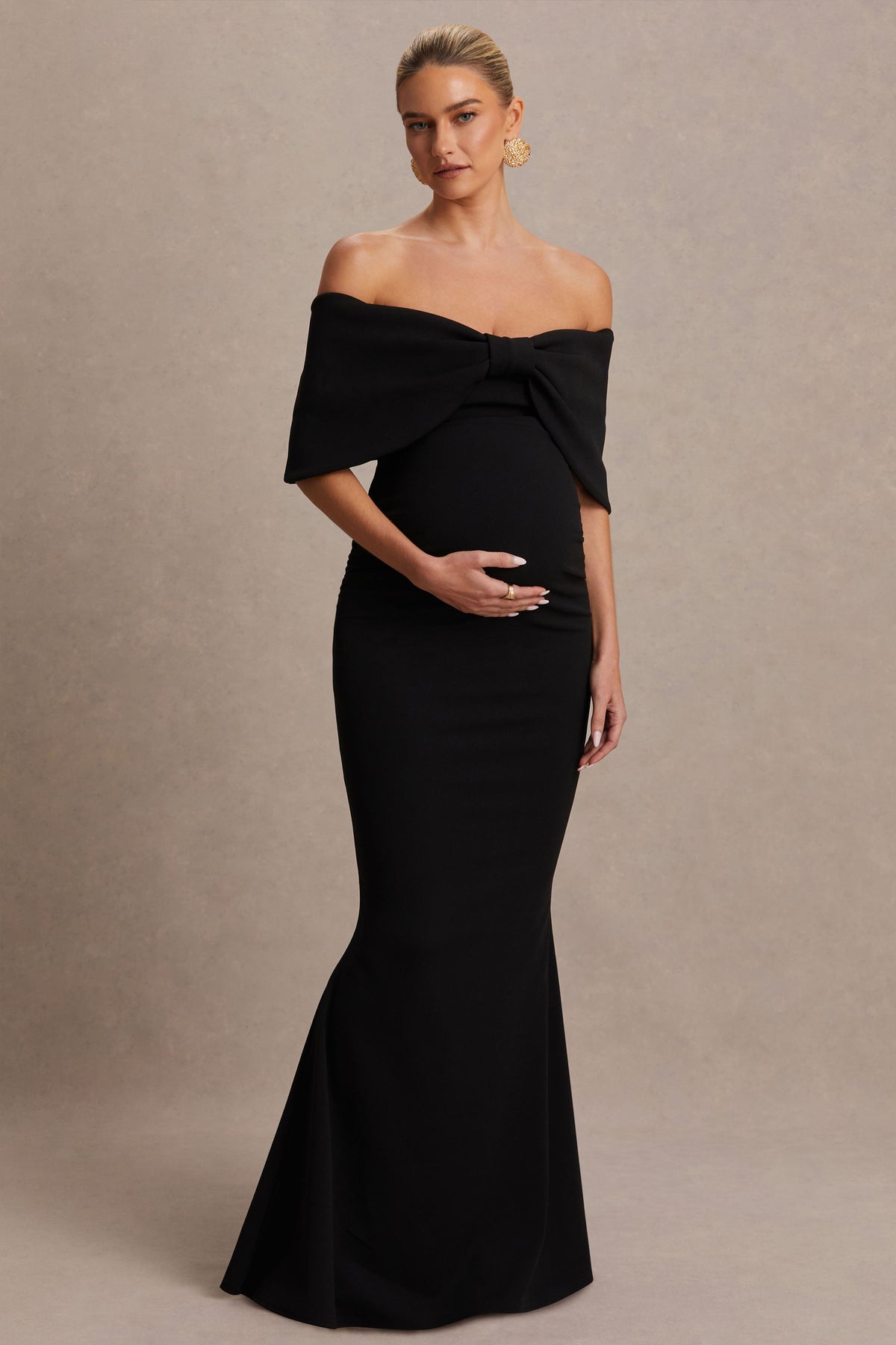 Libra | Black Bow Bardot Maternity Maxi Dress - UK 8 Black Libra | Black Bow Bardot Maternity Maxi Dress - UK 8 Black