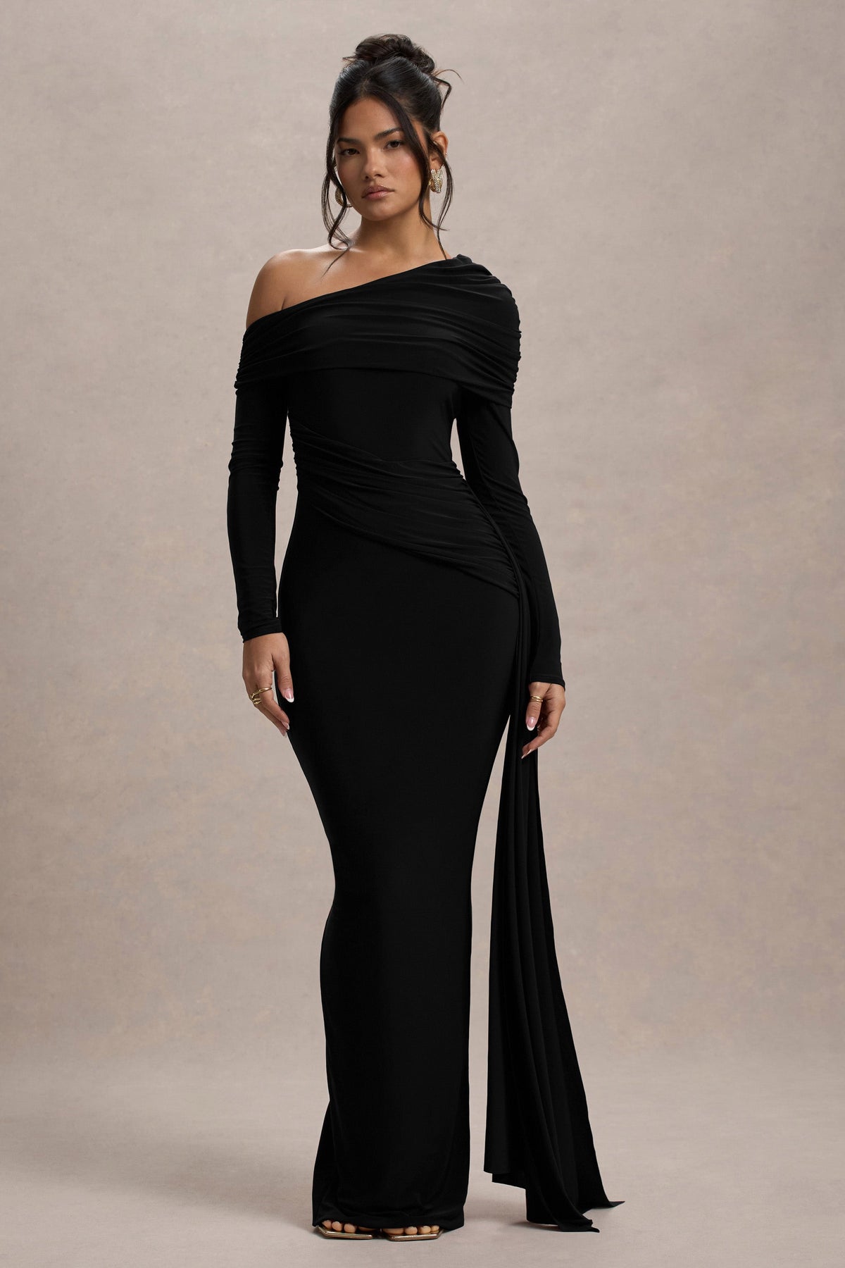 Valina | Black Ruched Asymmetric Maxi Dress With Drape - UK 6 Black Valina | Black Ruched Asymmetric Maxi Dress With Drape - UK 6 Black