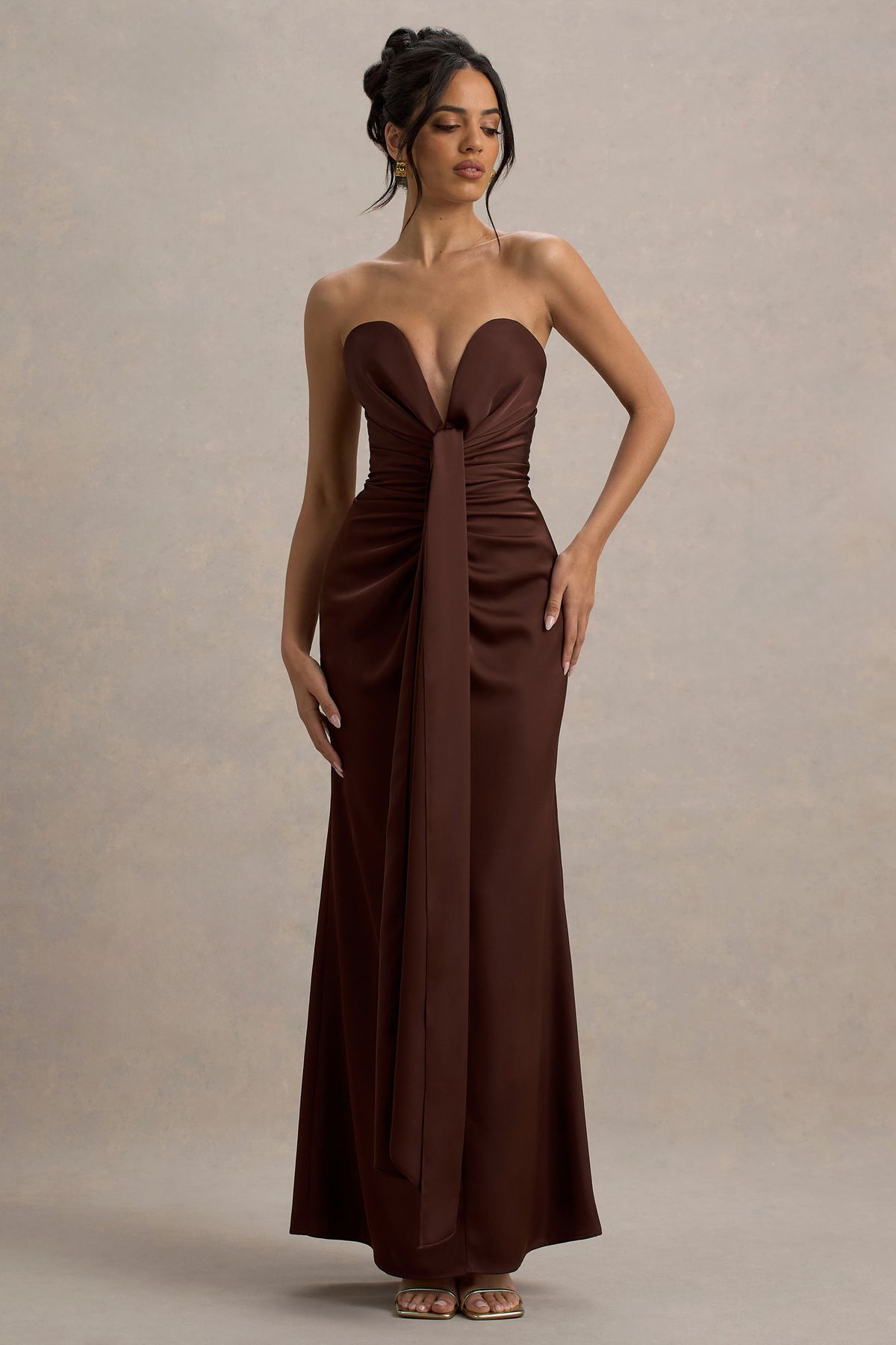 Mackenzie Brown Satin Plunge-Neck Draped Maxi Dress Club L London - USA Mackenzie Brown Satin Plunge-Neck Draped Maxi Dress Club L London - USA