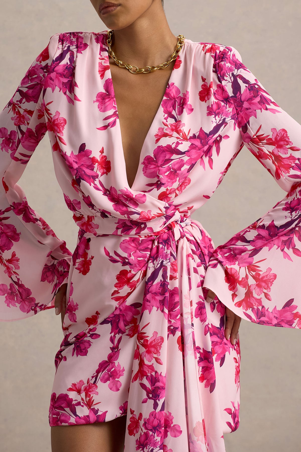 Goldie Pink Floral Print Chiffon Long-Sleeve Wrap Mini Dress Club L London - USA Goldie Pink Floral Print Chiffon Long-Sleeve Wrap Mini Dress Club L London - USA