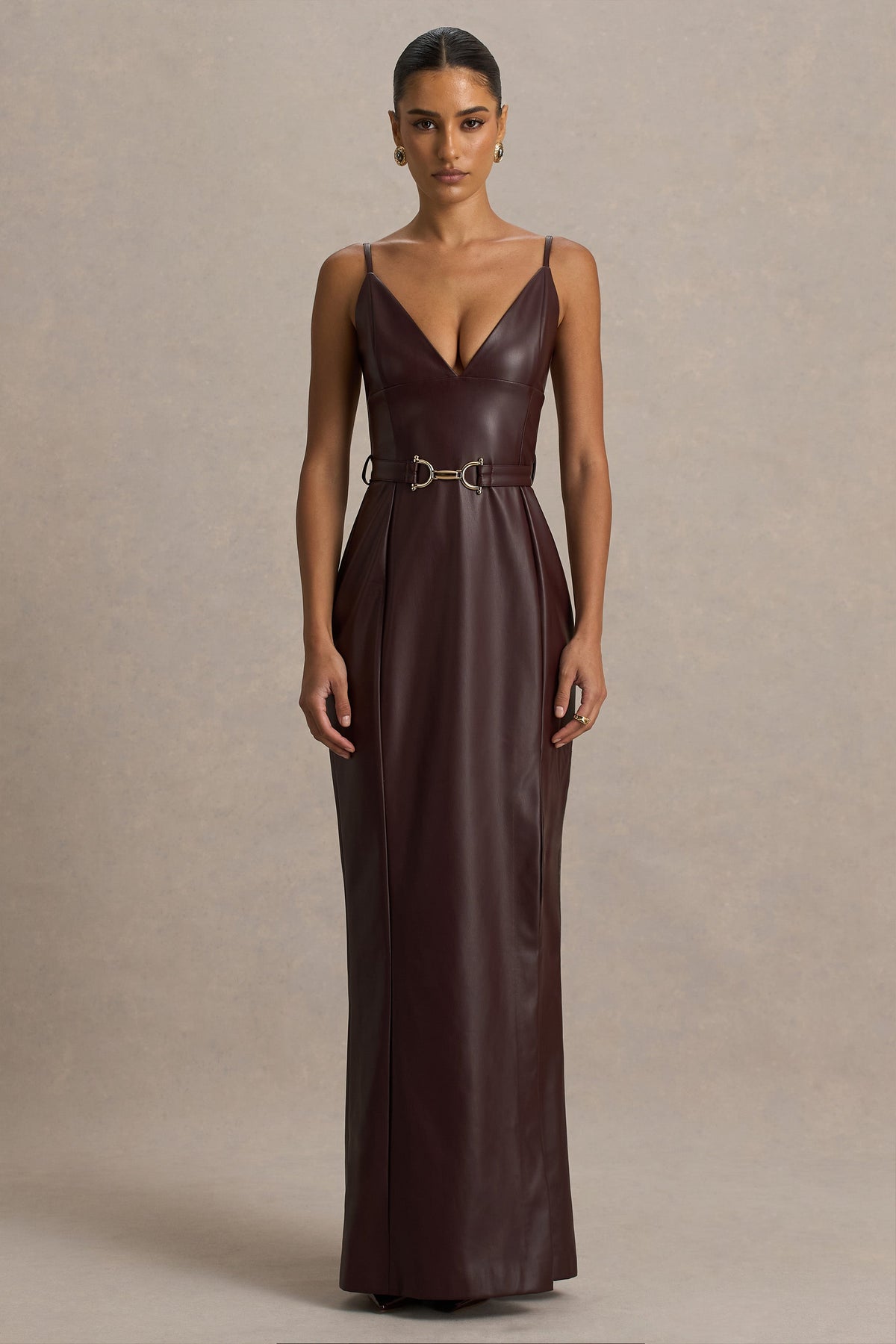 Lila Burgundy Faux Leather Plunge-Neck Maxi Dress With Split Club L London - USA Lila Burgundy Faux Leather Plunge-Neck Maxi Dress With Split Club L London - USA