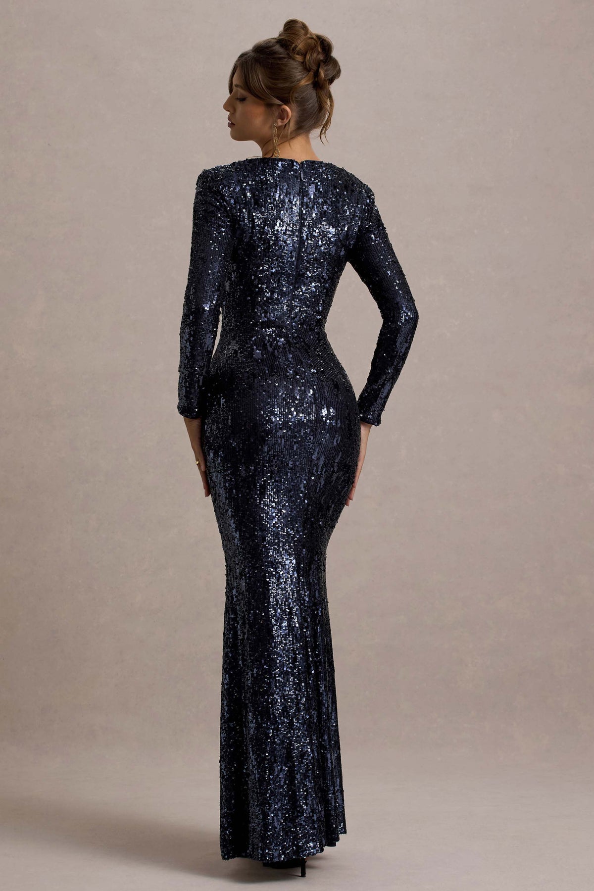 long sleeve sequin maxi dress Ensley Navy Sequin Sweetheart Long-Sleeve Maxi Dress – Club L London