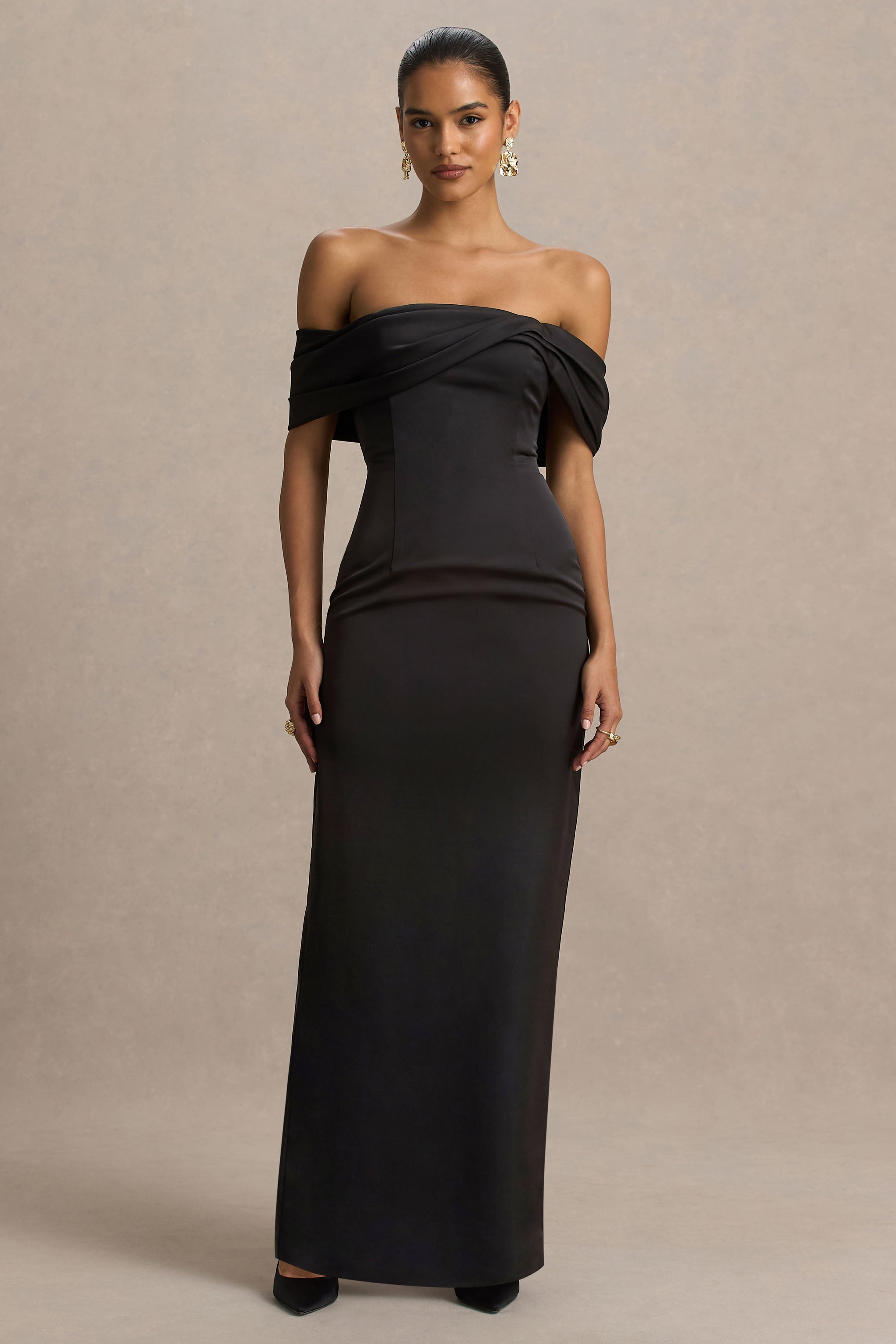 Valeria | Black Satin Twist-Bardot Neck Maxi Dress – Club L London
