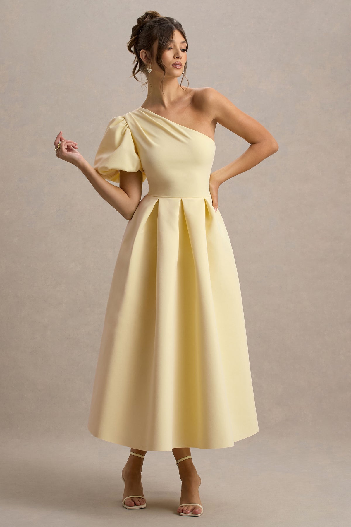 Rochelle | Pale Lemon Asymmetric Puff-Sleeve Midi Dress