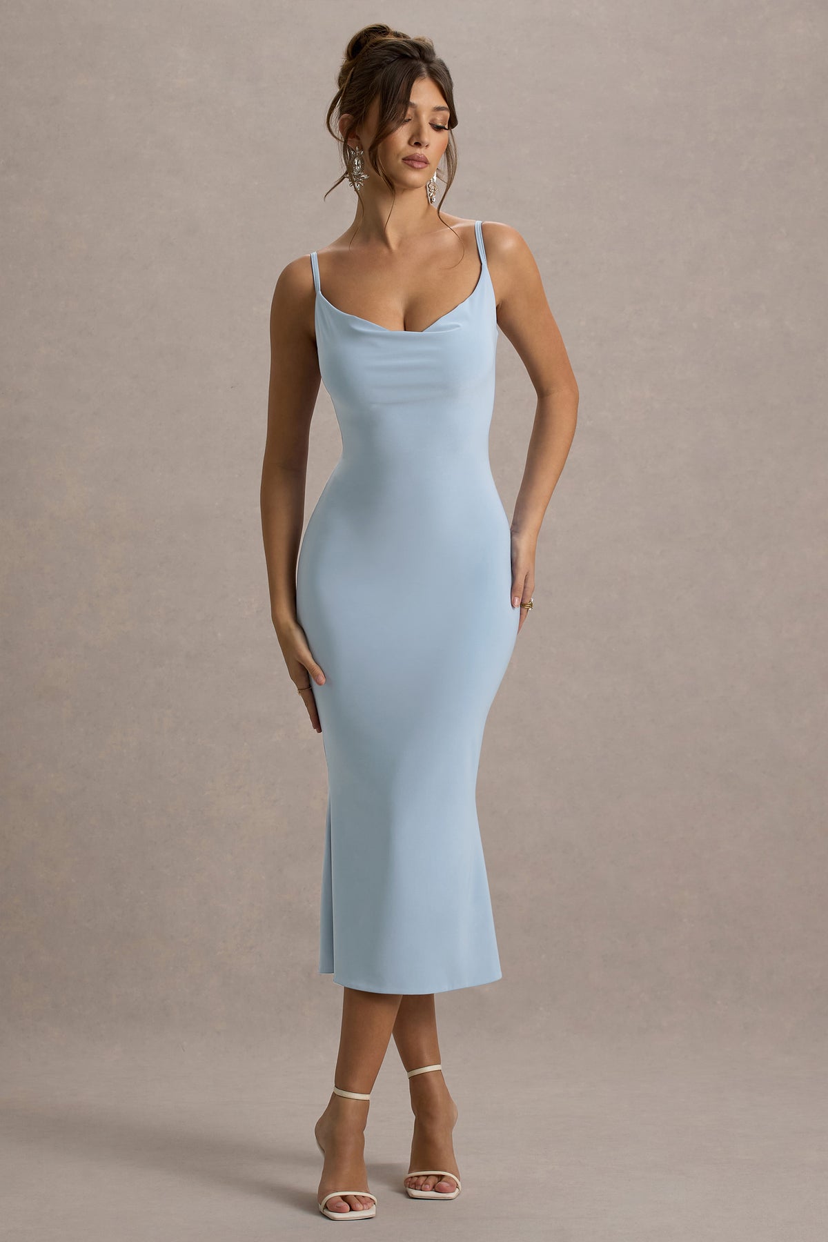 Addison | Powder Blue Cowl-Neck Open-Back Midi Dress With Lace