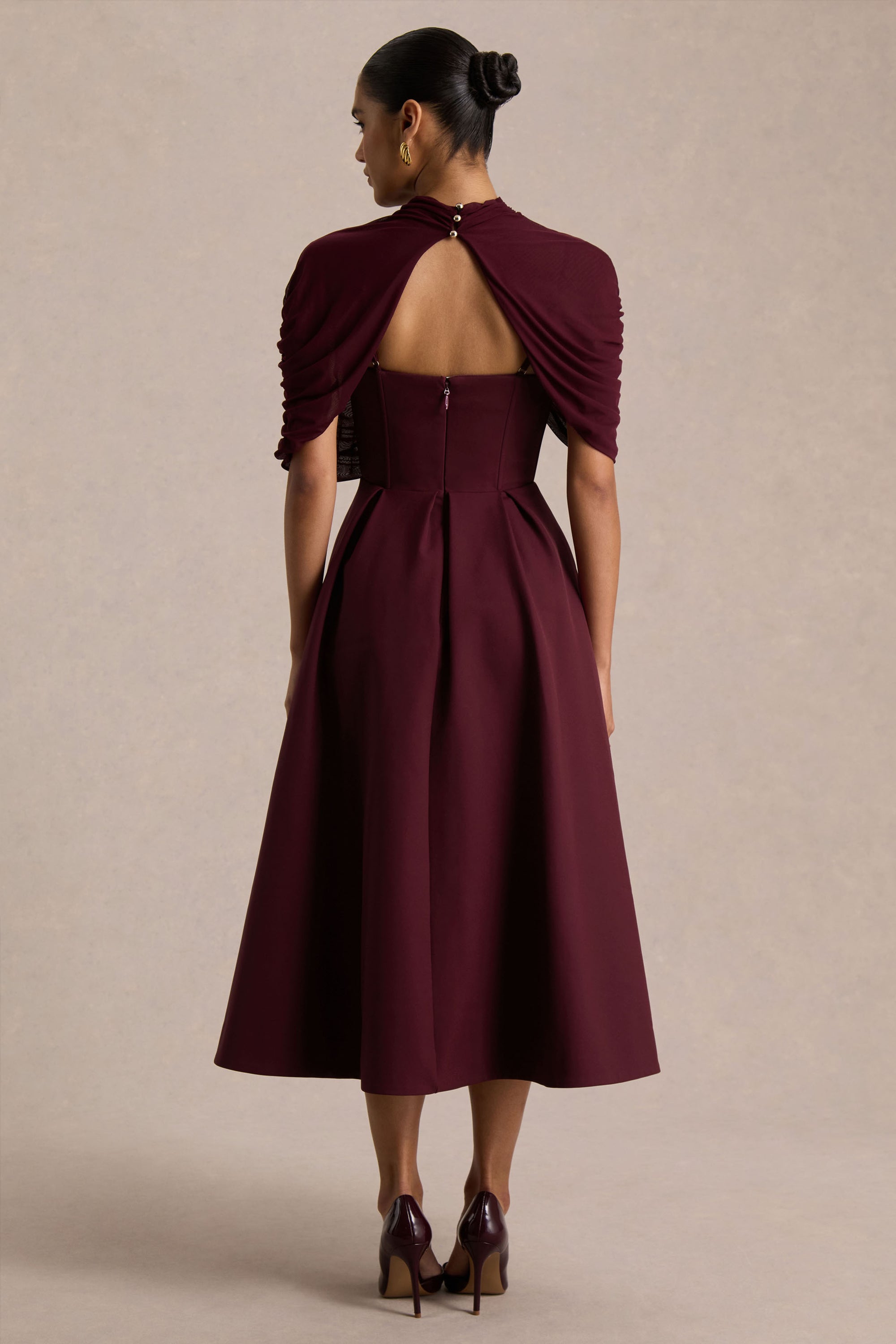 burgundy tea length dress Simple Prom Dress, Burgundy Bridesmaid US 4 / Burgundy glamorous evening galas Thalia | Burgundy High-Neck Midi