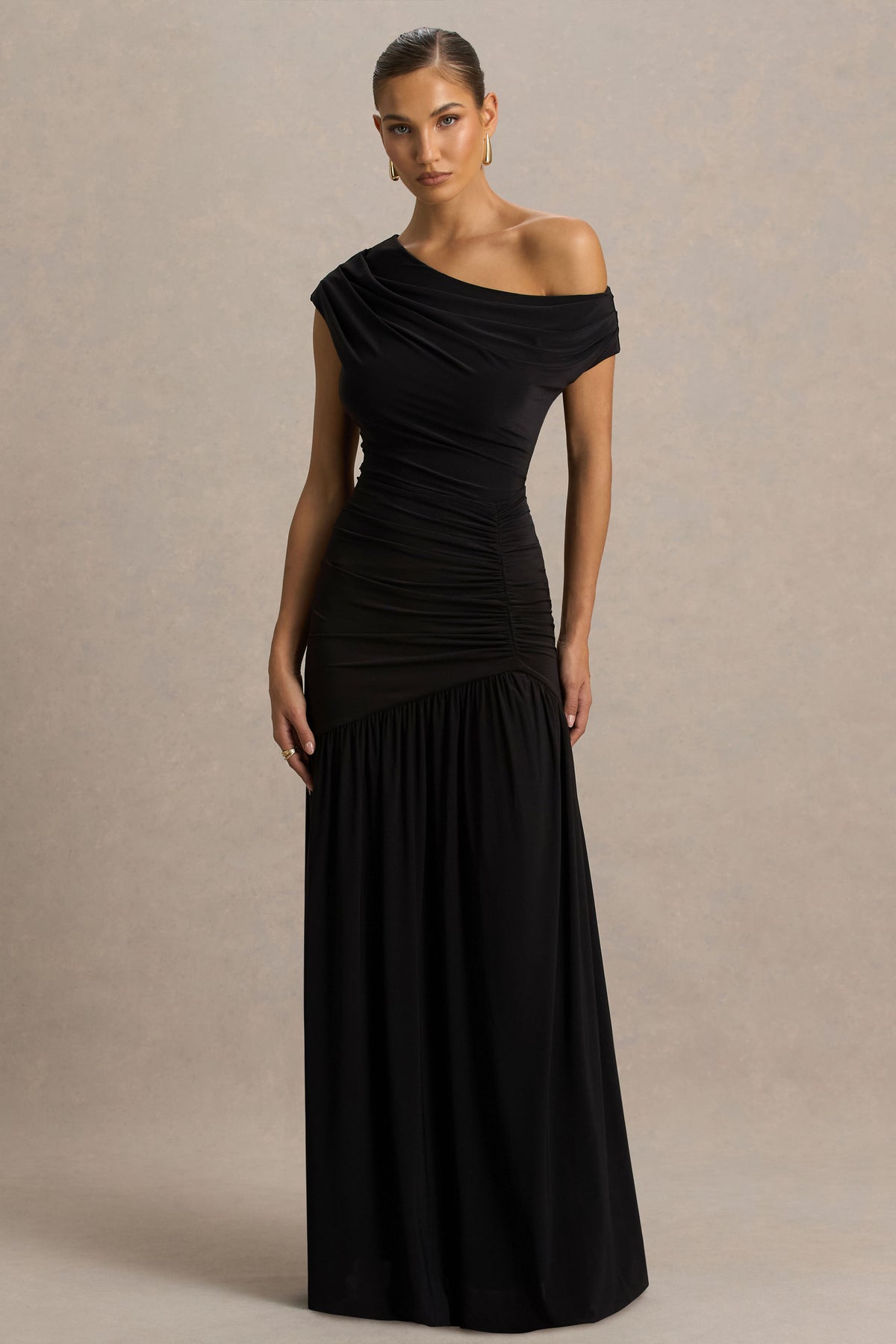 Kady Black Asymmetric-Neck Maxi Dress With Ruched Detailing and Fron Club L London - USA Kady Black Asymmetric-Neck Maxi Dress With Ruched Detailing and Fron Club L London - USA