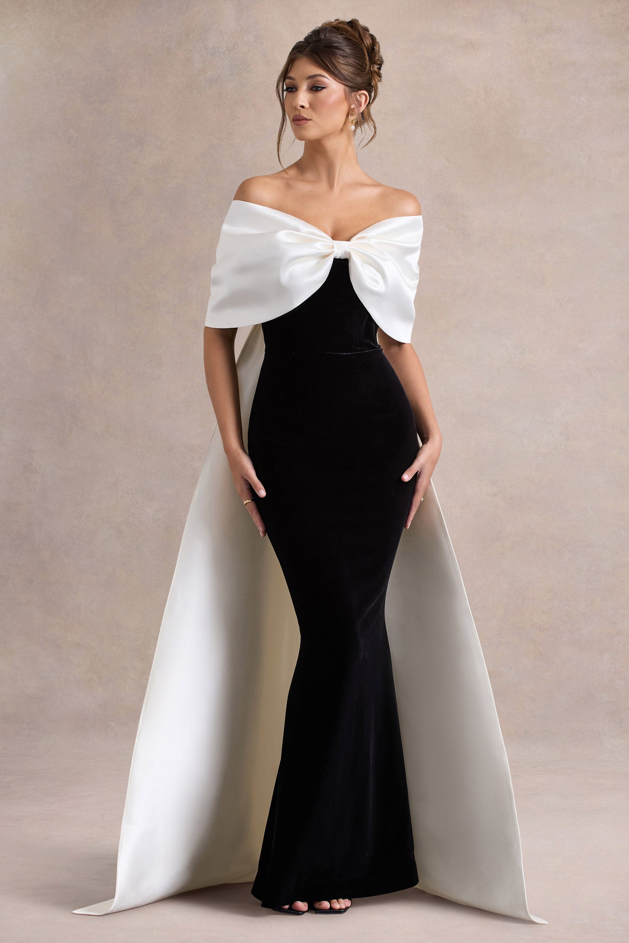 Wanting More | Black & White Satin Cape Maxi Dress With Oversized Bow – Club L London
