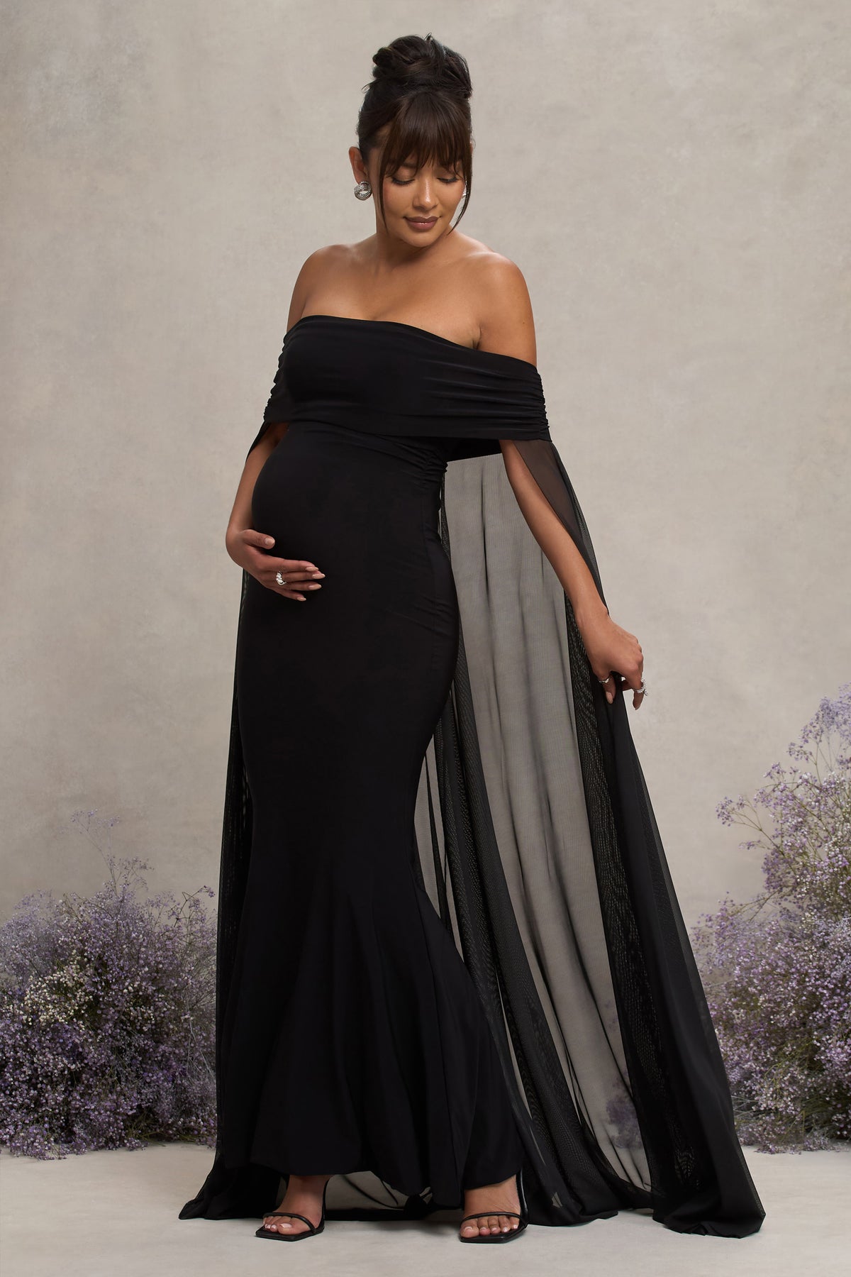 Carlotta Black Bardot Maternity Maxi Dress With Chiffon Cape Club L London - USA Carlotta Black Bardot Maternity Maxi Dress With Chiffon Cape Club L London - USA