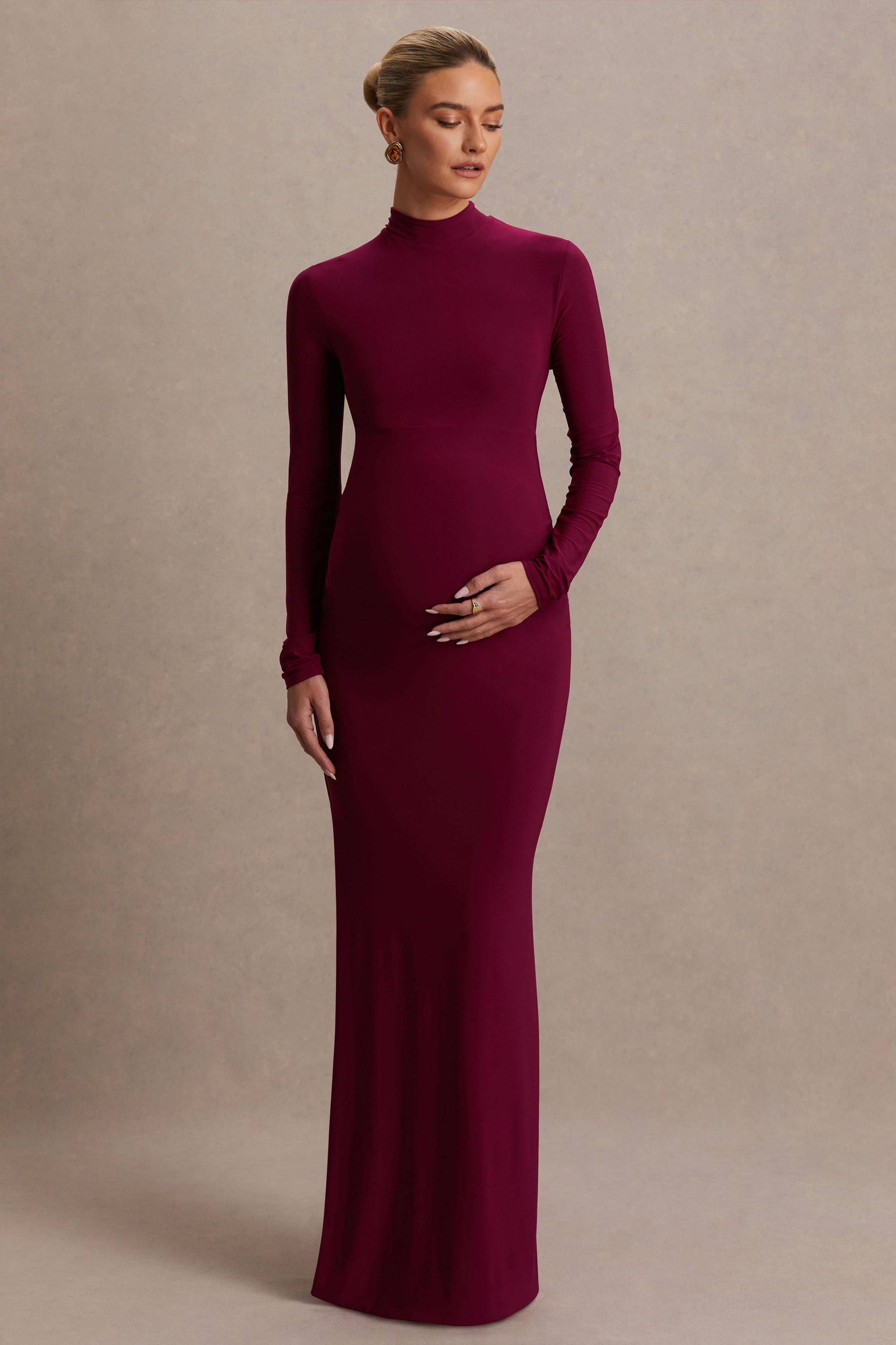 maternity dresses burgundy Burgundy Striped Ruffle Accent Maternity Maxi Dress
