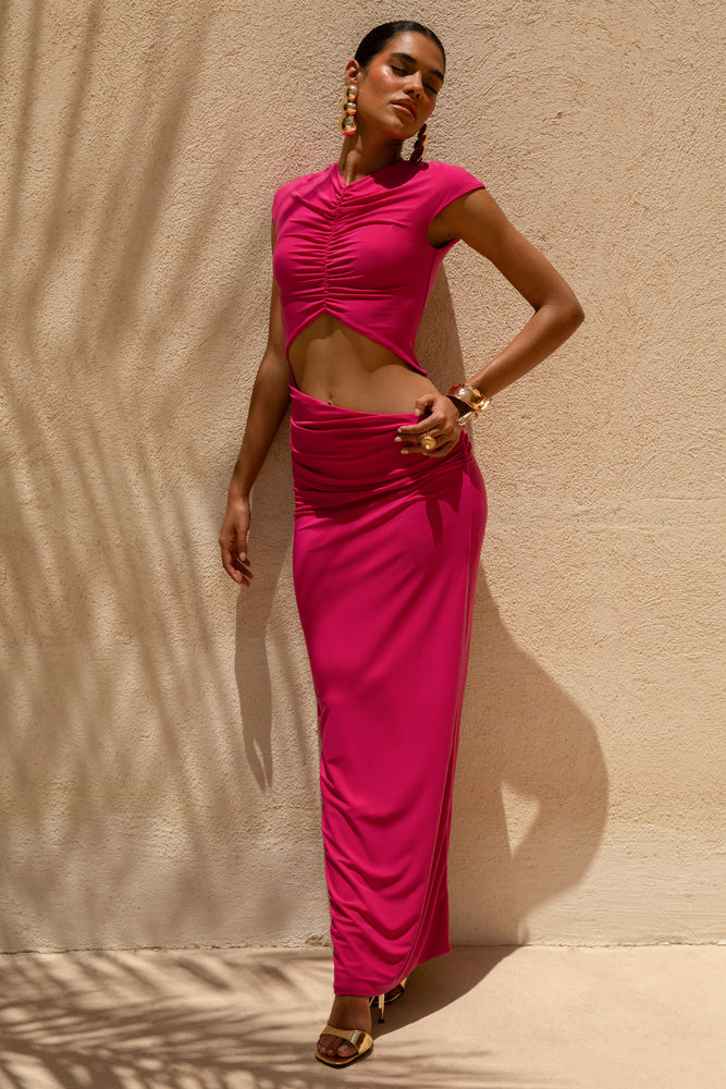 strapless open back dress Pia Hot Pink Short-Sleeve Maxi Dress With Cut-Out – Club L London