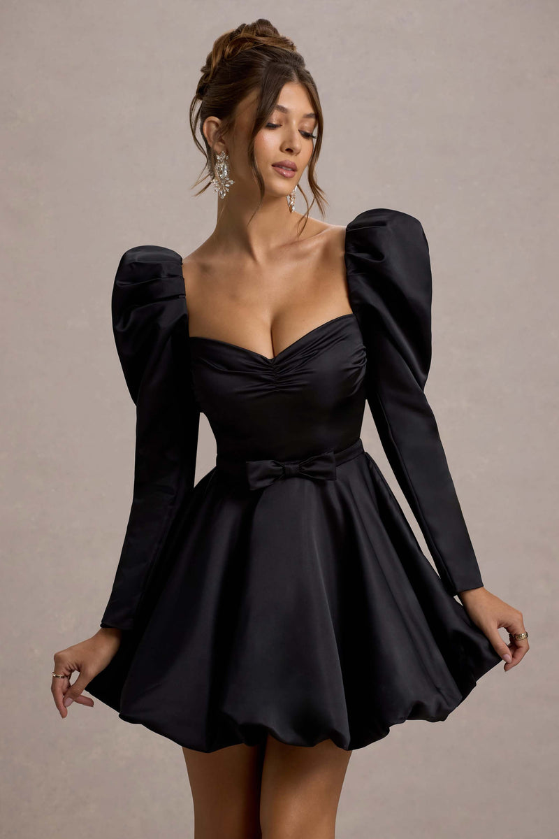 Murphy Black Satin Belted Mini Dress With Puff Sleeves – Club L London ...