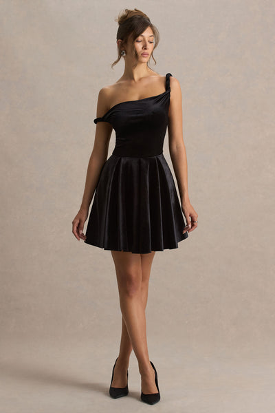 Leticia | Black Asymmetric-Neck Velvet Mini Dress With Twist