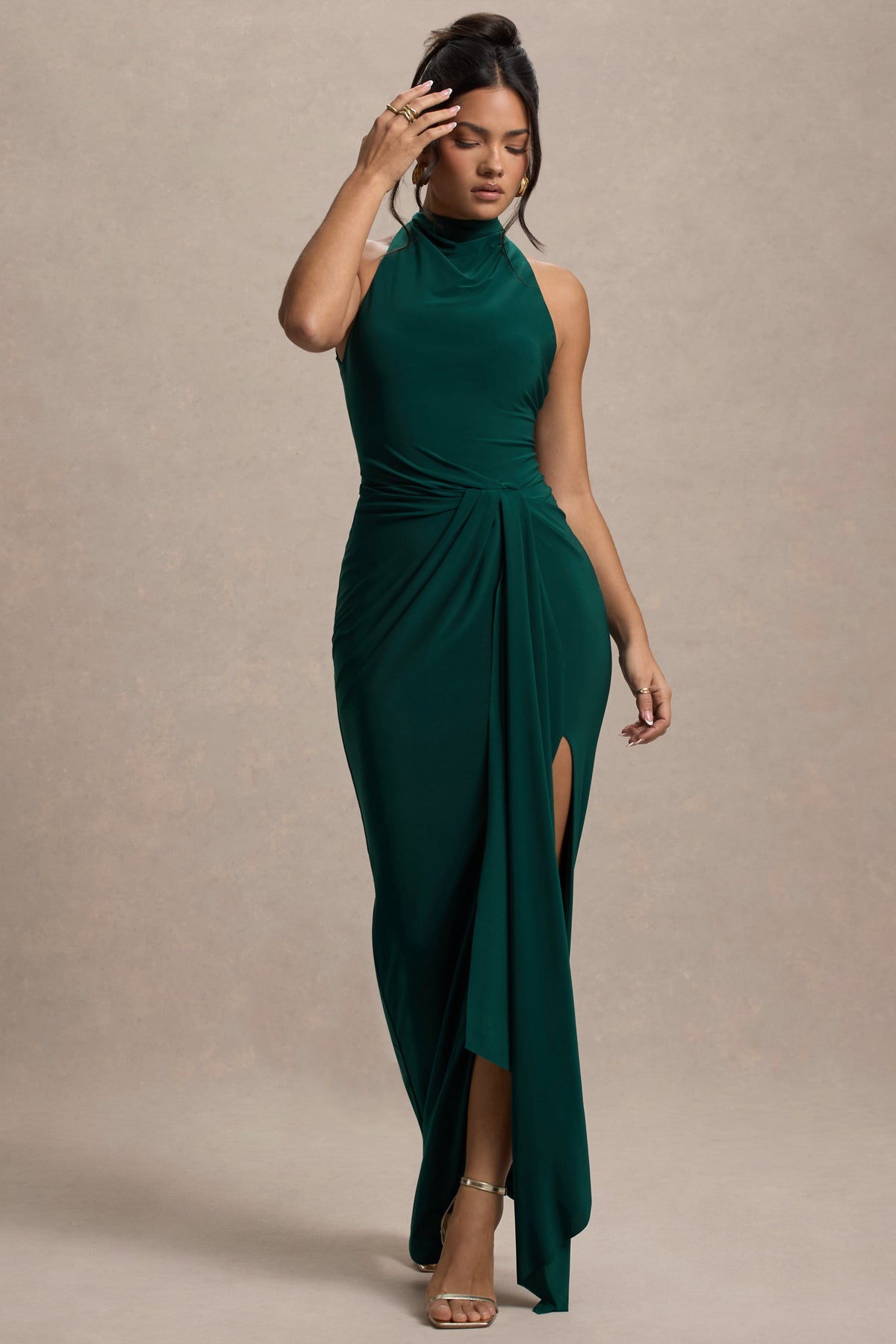 Khari | Bottle Green High-Neck Twisted Maxi Dress With Drape - UK 14 Bottle Green Khari | Bottle Green High-Neck Twisted Maxi Dress With Drape - UK 14 Bottle Green