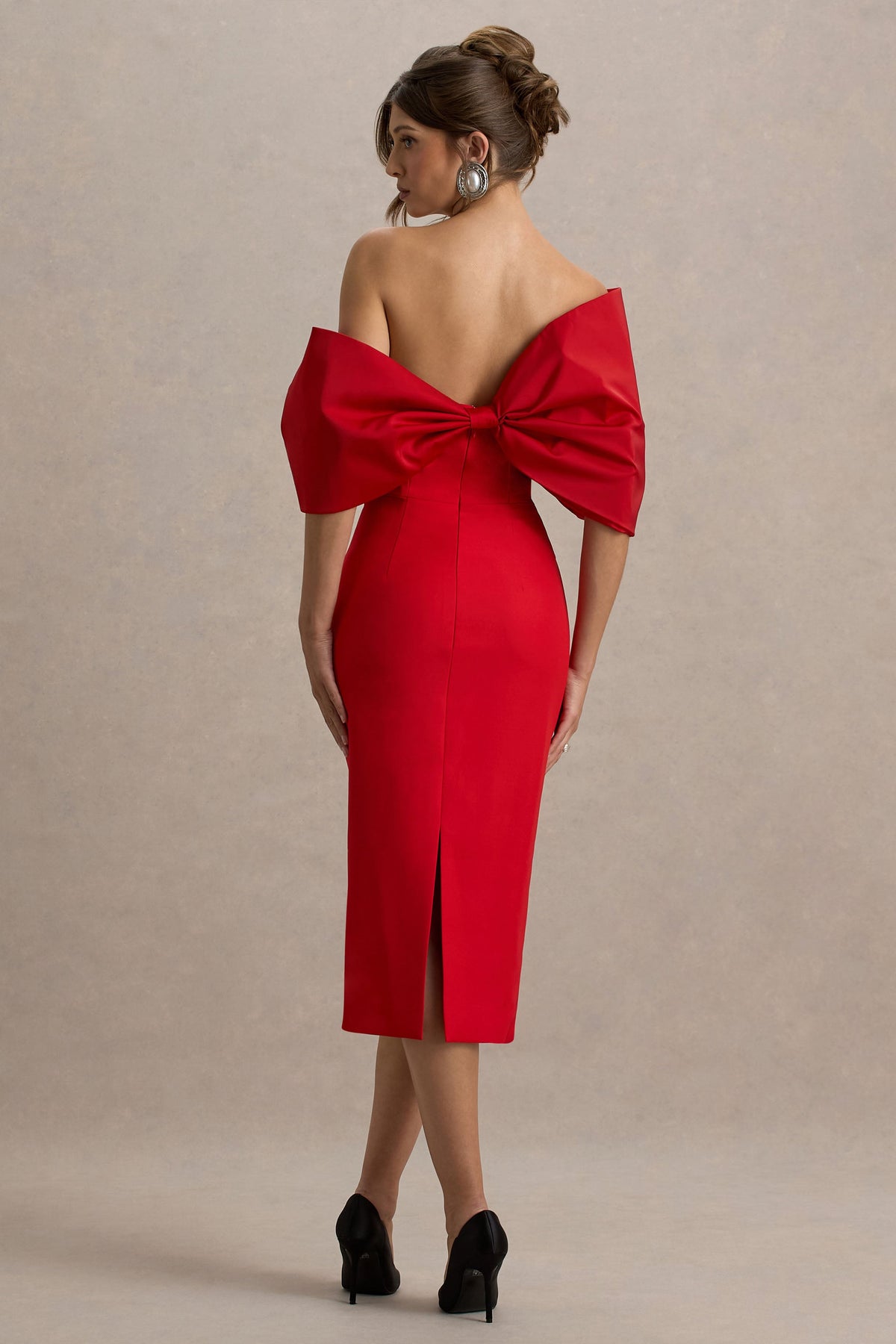 Lucille Red Asymmetric Bardot Midi Dress With Bow Detail Club L London - USA Lucille Red Asymmetric Bardot Midi Dress With Bow Detail Club L London - USA