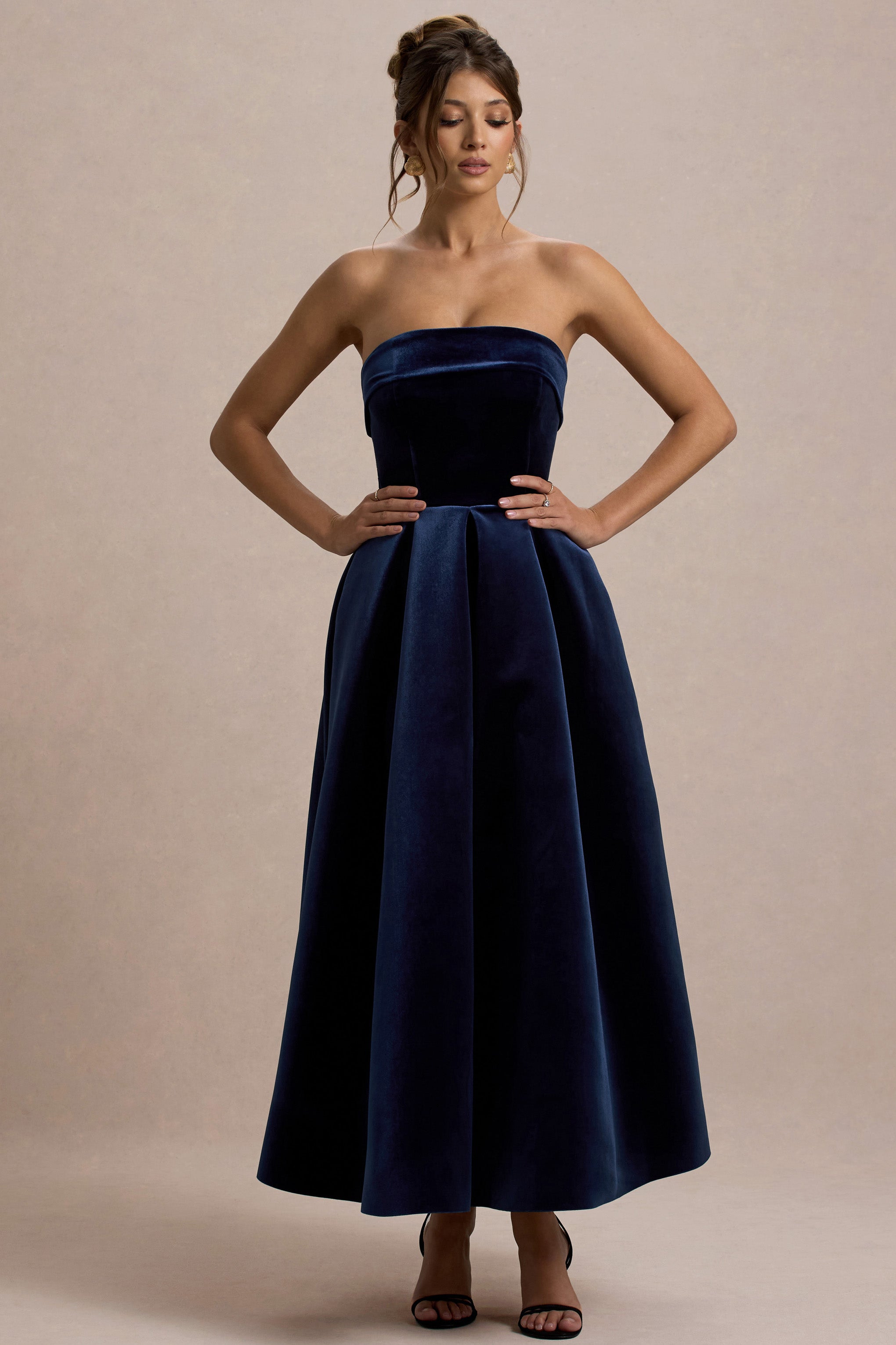 Addina | Navy Velvet Bandeau Skater Midi Dress – Club L London - USA
