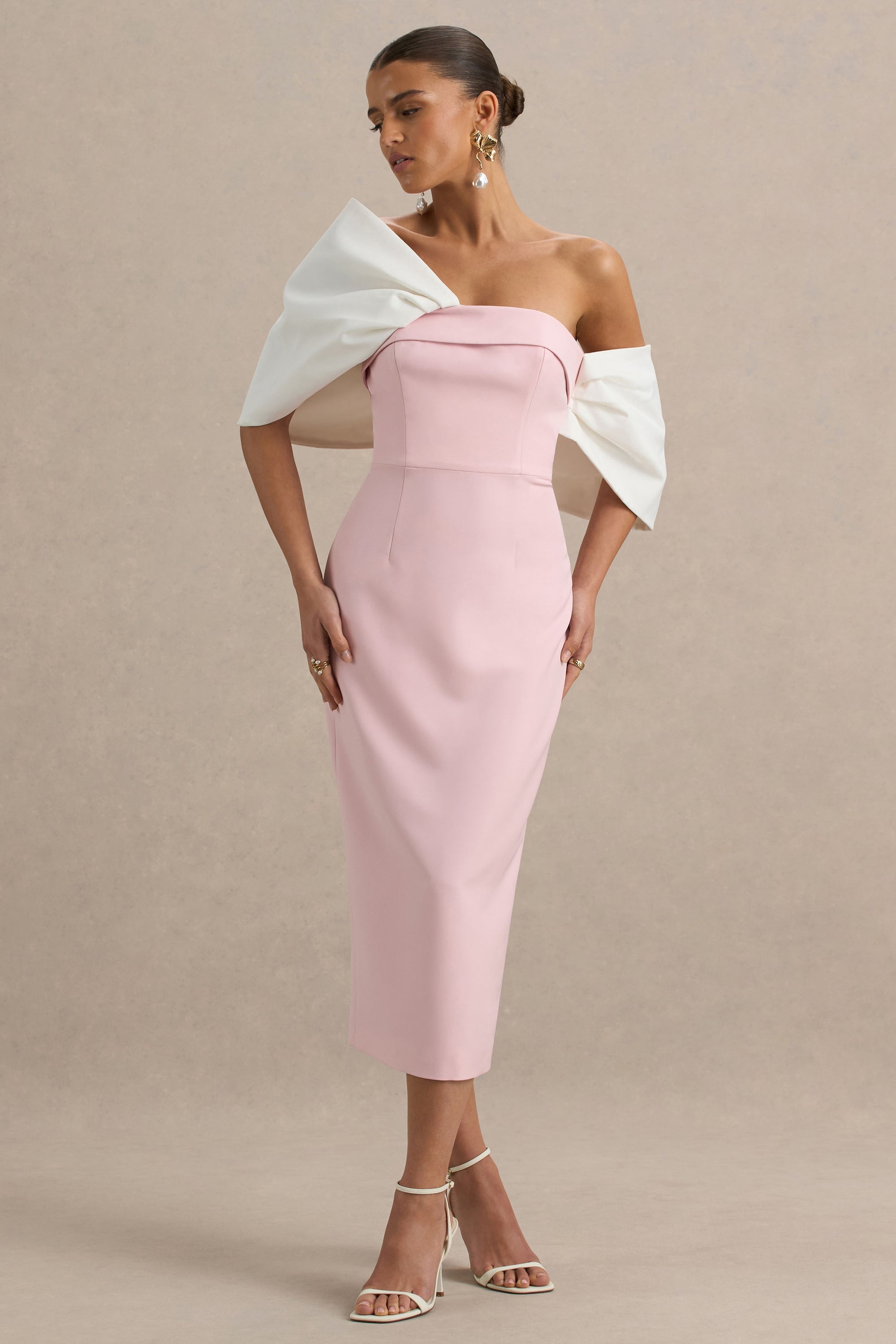 Lucille | Rose & Pink Asymmetric Bardot Midi Dress With Bow Detail – Club L London