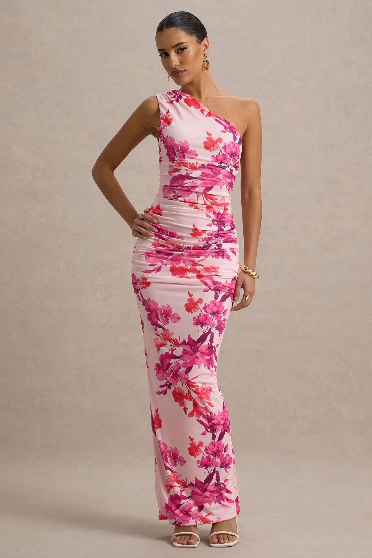 floral one shoulder maxi dress Dalarie | PINK AND Orange Floral Print One-Shoulder Gathered Maxi Dress