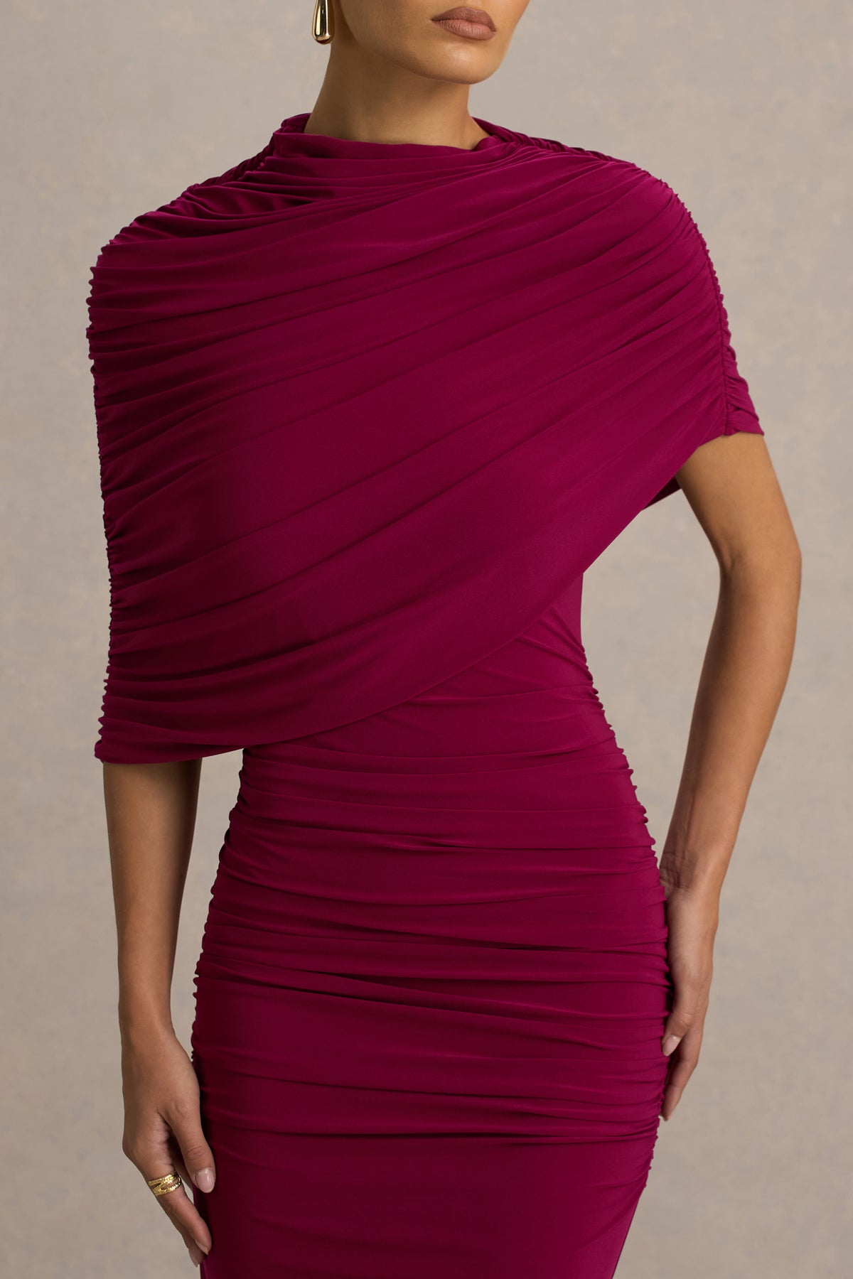 Glitz Burgundy High-Neck Maxi Dress With Cape Sleeve and Ruched Deta