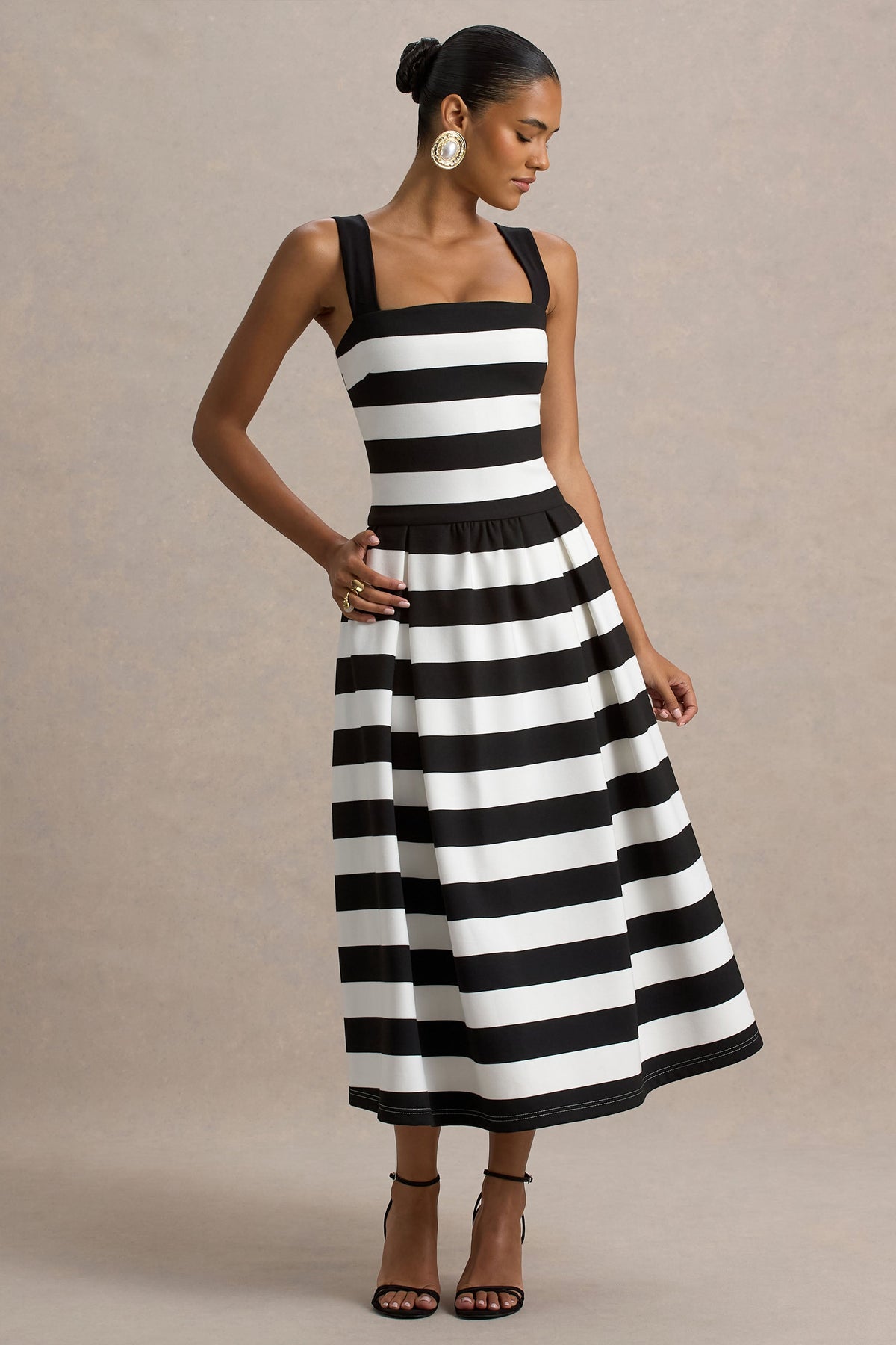 Monte Carlo | Black & White Striped Square-Neck Drop-Waist Midi Dress - UK 14 Black AND White Striped Monte Carlo | Black & White Striped Square-Neck Drop-Waist Midi Dress - UK 14 Black AND White Striped