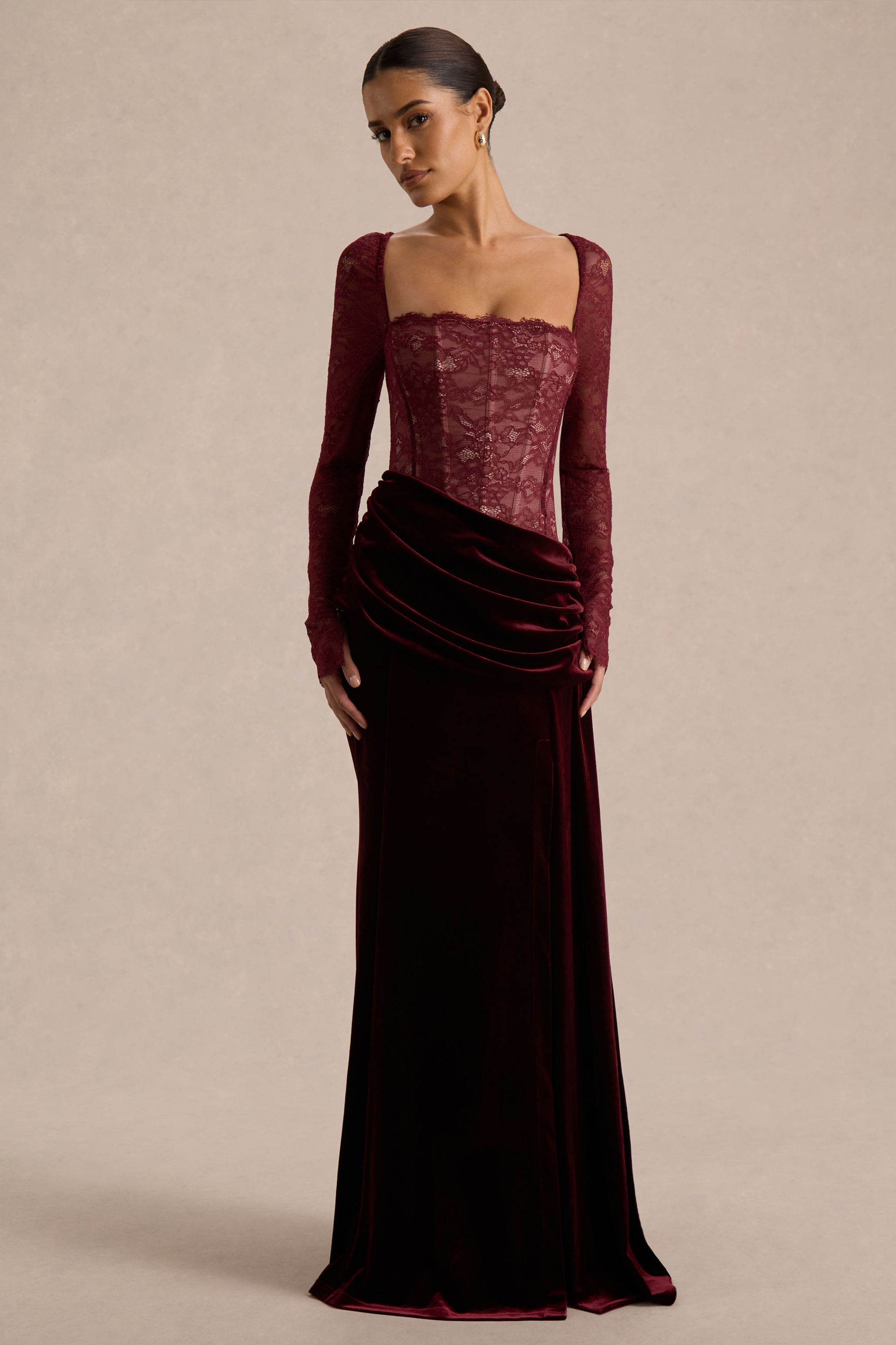 Finesse | Burgundy Lace And Velvet Square-Neck Maxi Dress With Draped Skirt