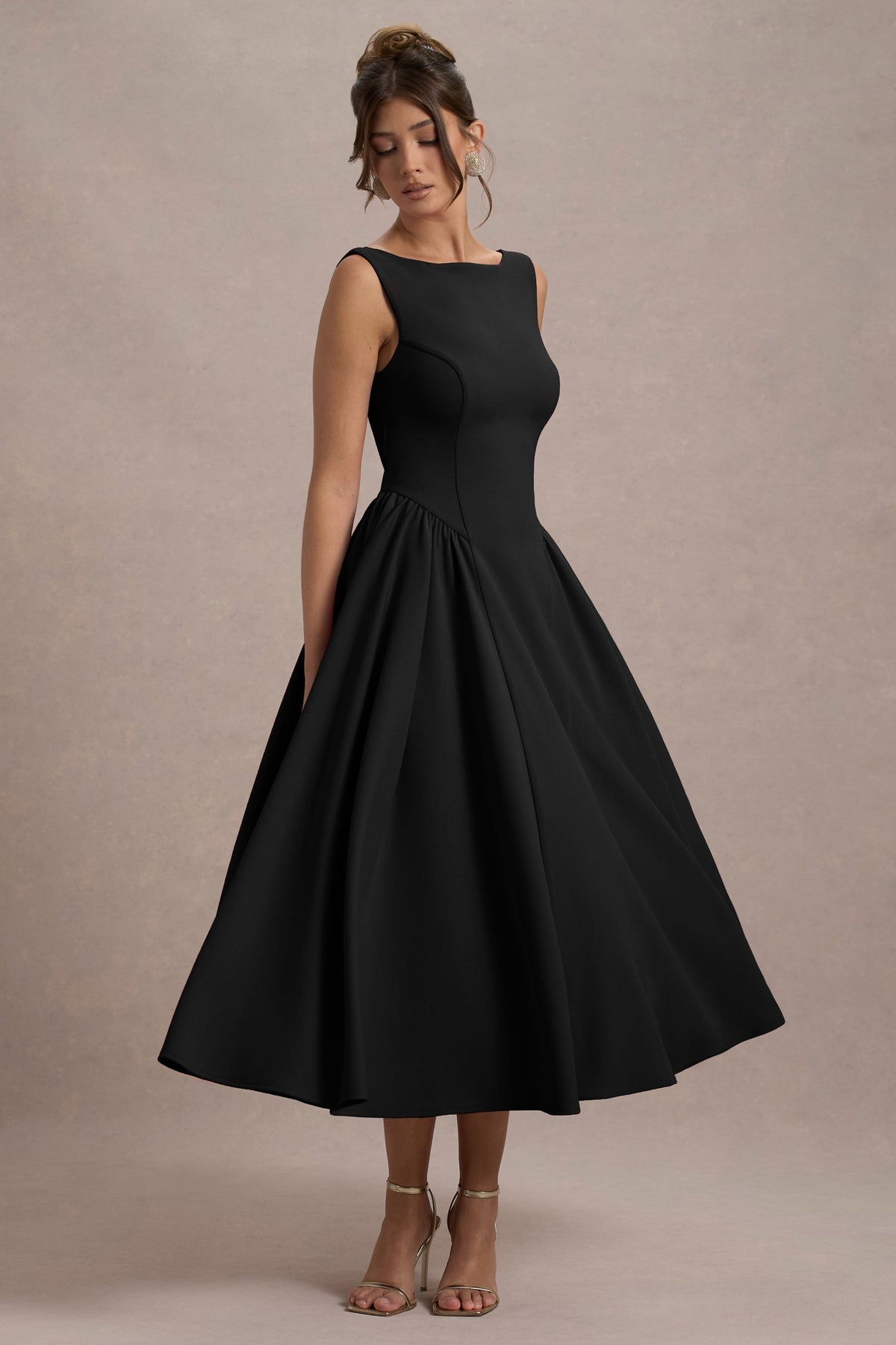 Muriel Black Boat-Neck Volume-Hem Midi Dress Club L London - USA Muriel Black Boat-Neck Volume-Hem Midi Dress Club L London - USA