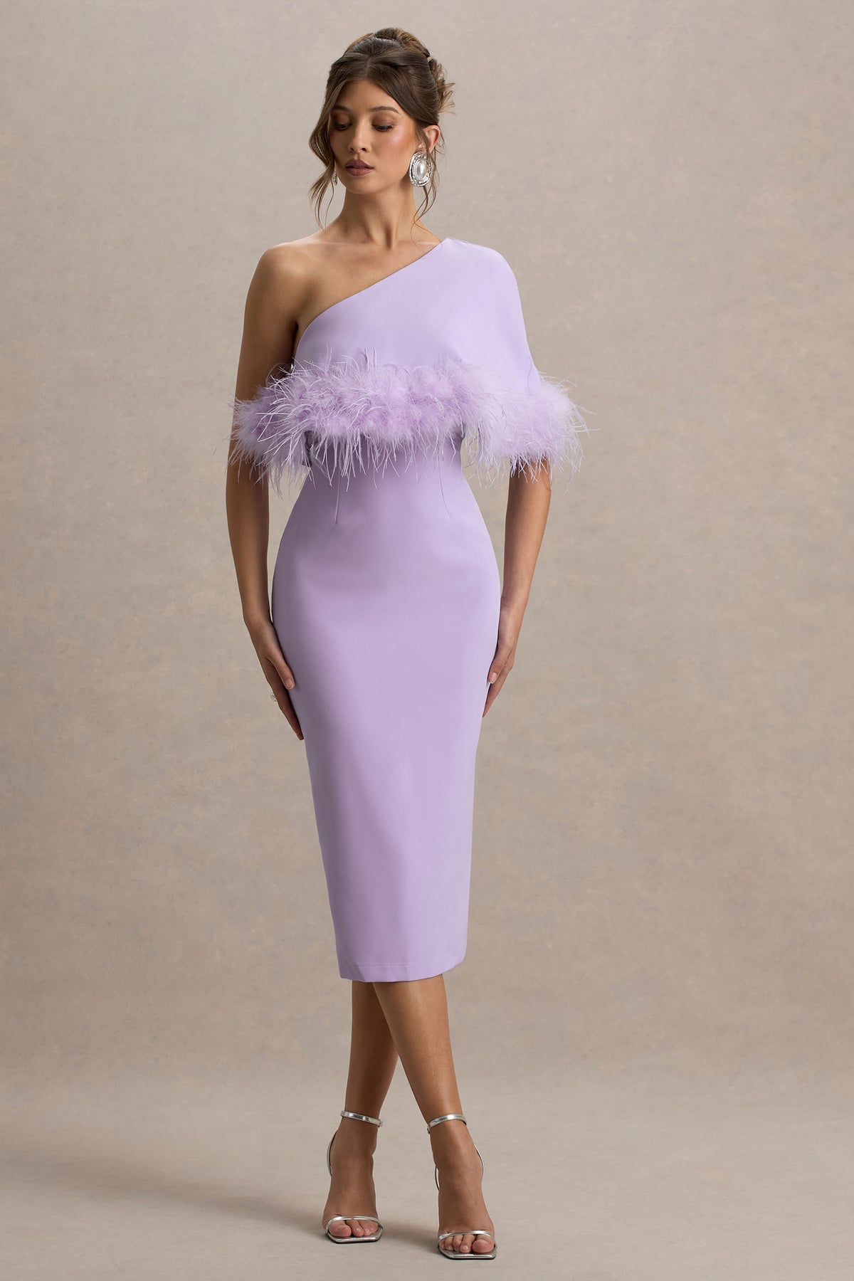 Victory Lilac One Shoulder Midi Dress With Feather Trim Club L London - USA Victory Lilac One Shoulder Midi Dress With Feather Trim Club L London - USA