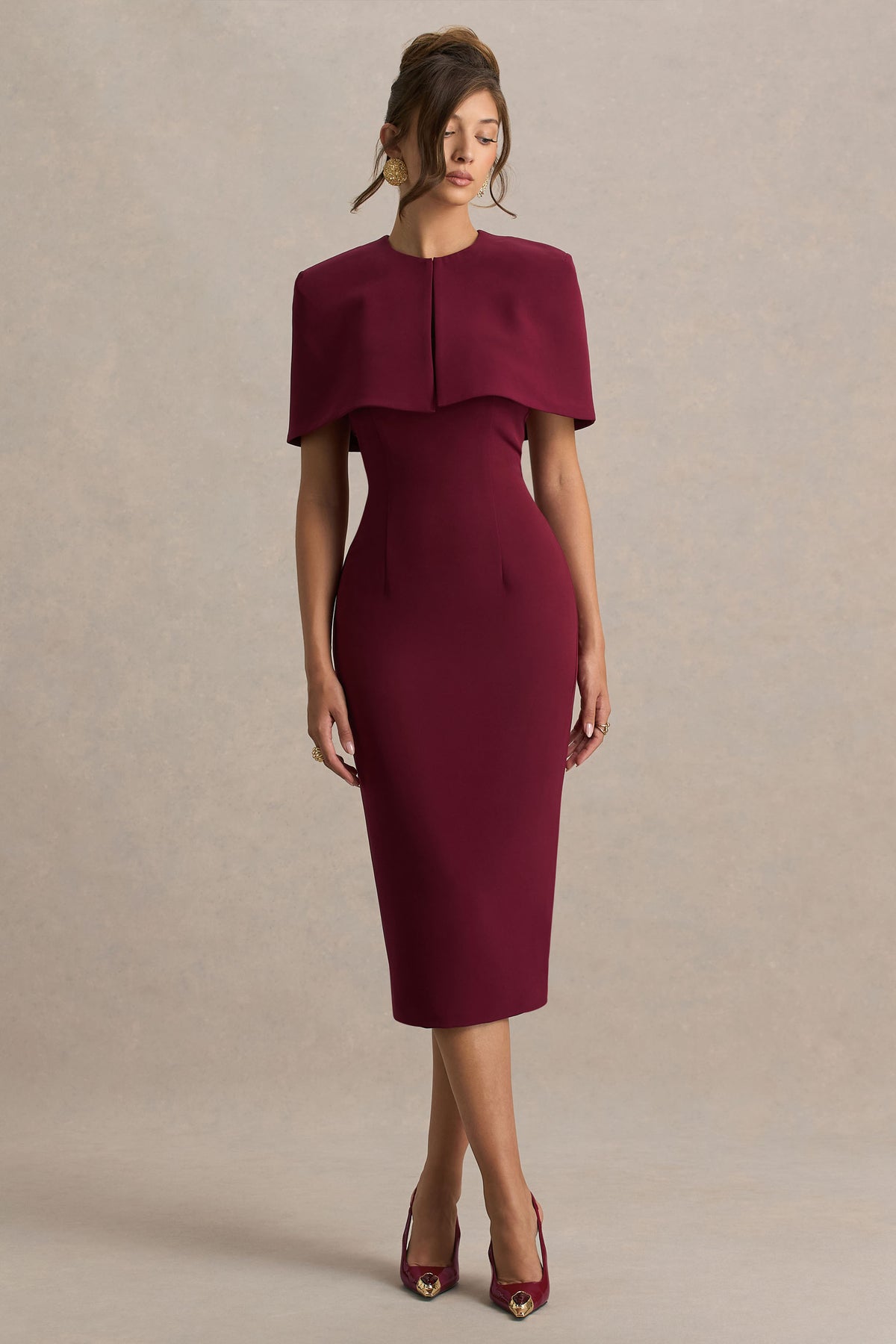 Baylor Burgundy Midi-Dress With Removable Cape Club L London - USA Baylor Burgundy Midi-Dress With Removable Cape Club L London - USA