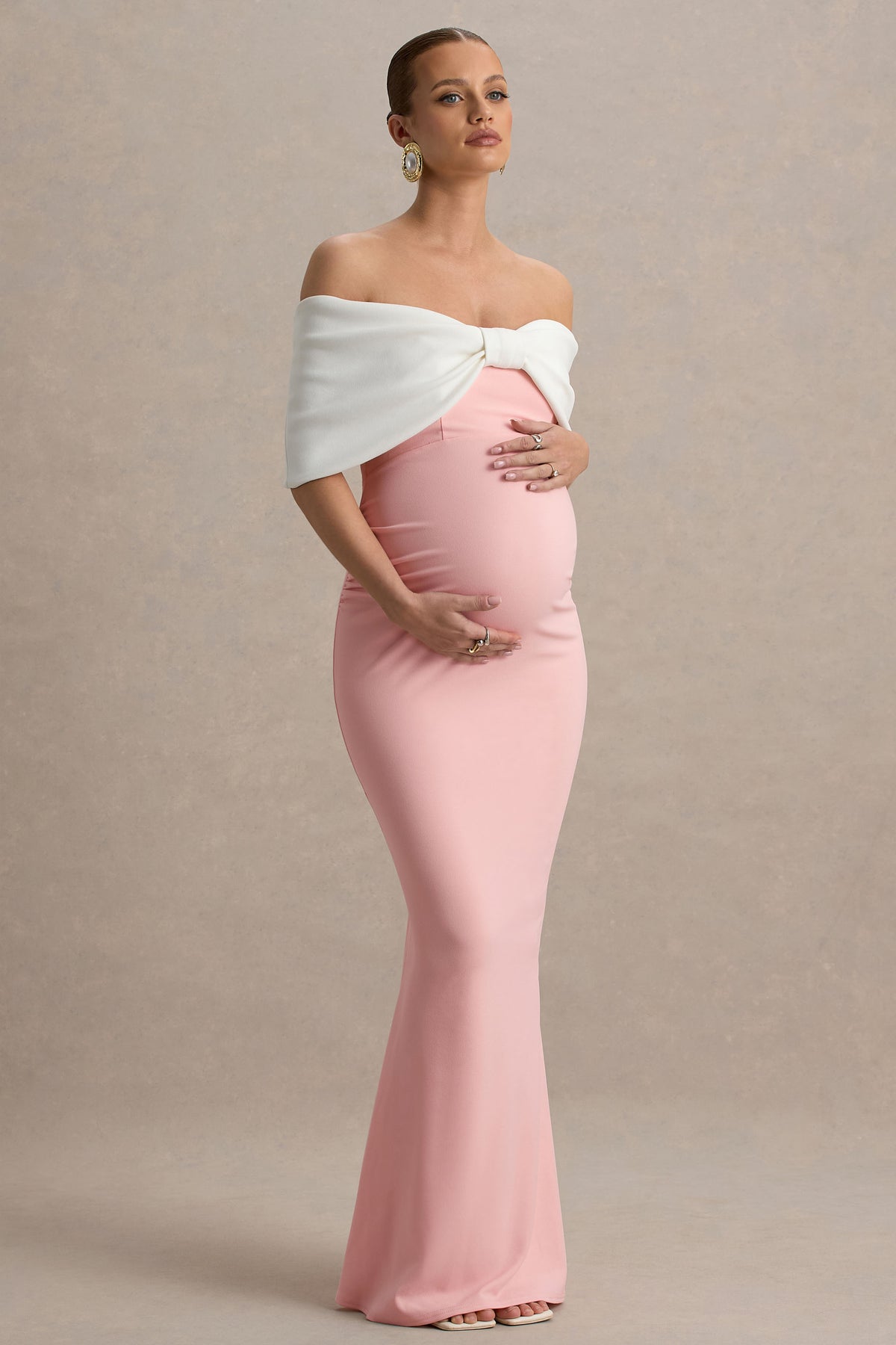 Libra | Pink & White Bow Bardot Maternity Maxi Dress