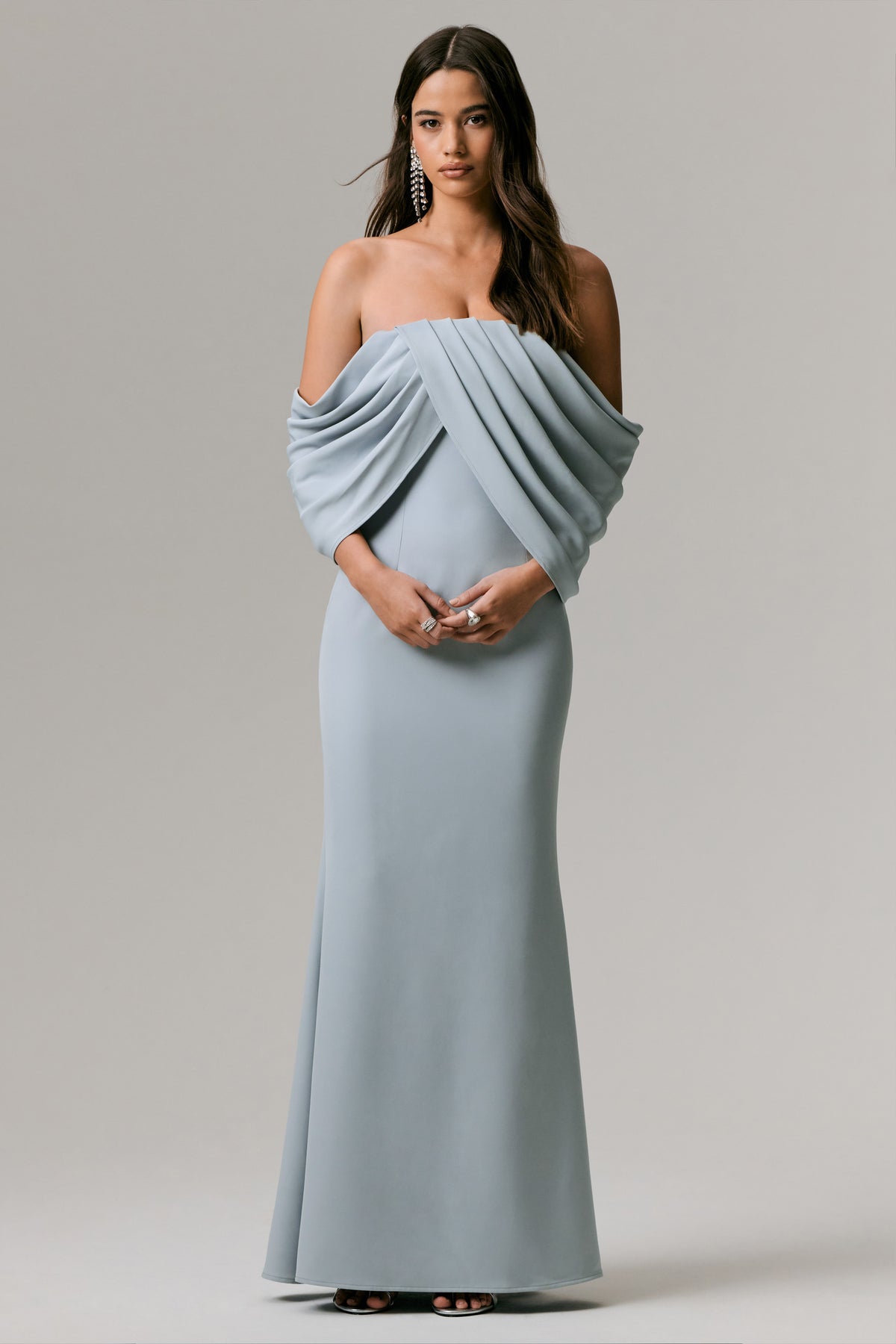 Serene | Powder Blue Draped Bardot Maxi Dress