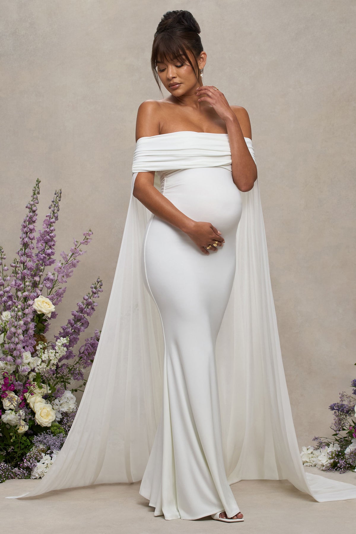 Carlotta | White Bardot Maternity Maxi Dress With Chiffon Cape - UK 8 White Carlotta | White Bardot Maternity Maxi Dress With Chiffon Cape - UK 8 White