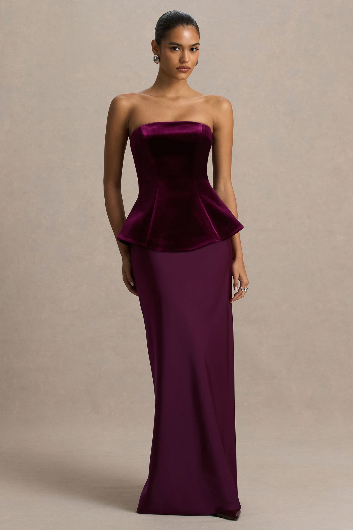 Indulgent Burgundy Velvet And Satin Bandeau Corset Maxi Dress Club L London - USA Indulgent Burgundy Velvet And Satin Bandeau Corset Maxi Dress Club L London - USA