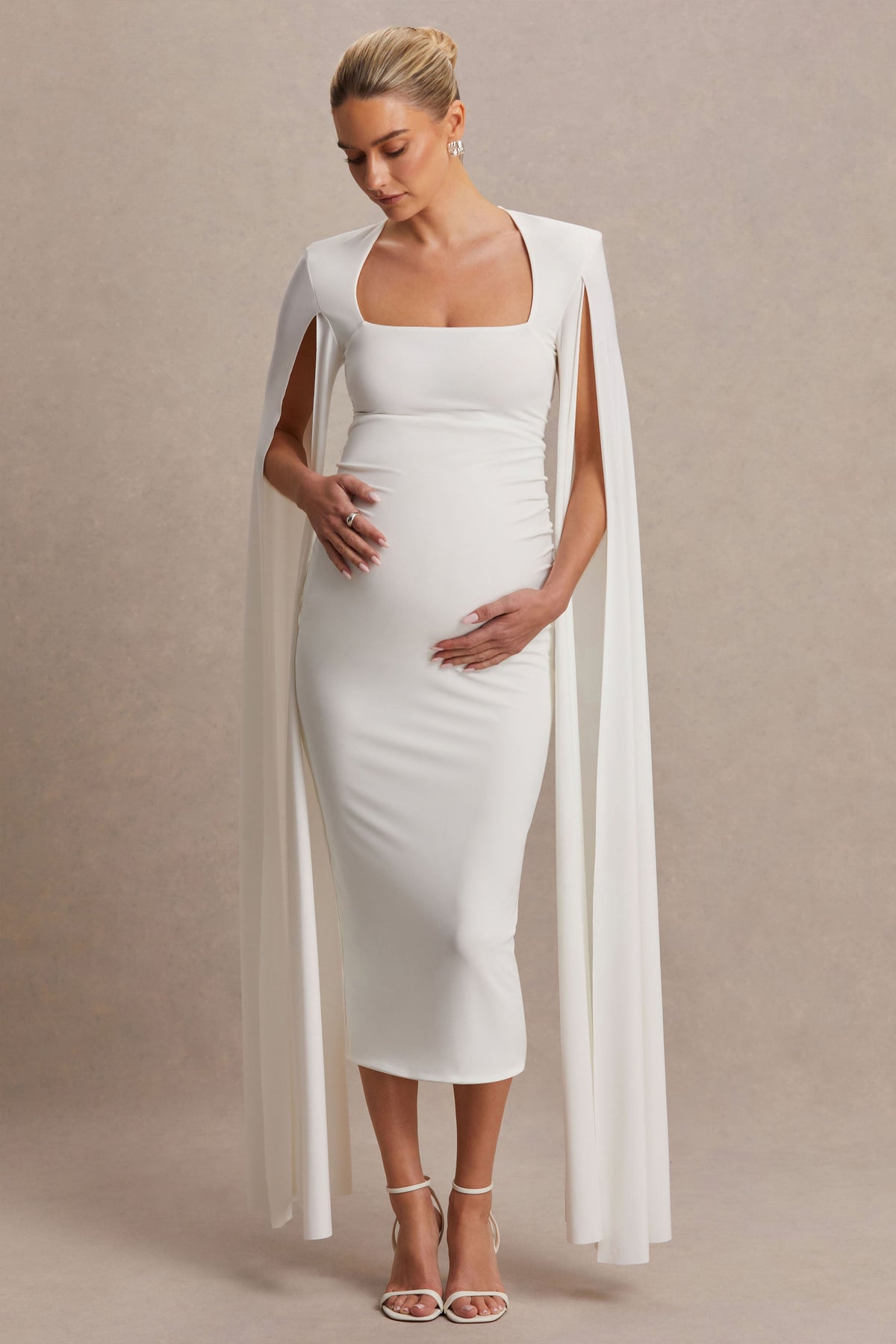Flawless White Square-Neck Maternity Midi Dress With Cape-Sleeves – Club L London Flawless White Square-Neck Maternity Midi Dress With Cape-Sleeves – Club L London